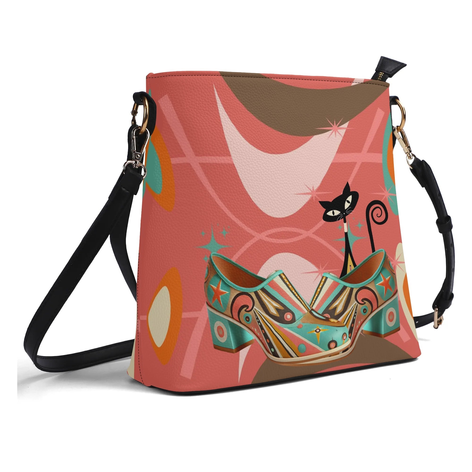 Atomic Cat Bucket Shoulder Bag, Atomic 50s Shoe Lover Design By MCM Gal, Mid Century Mod Kitschy Trendy Purse - Mid Century Modern Gal
