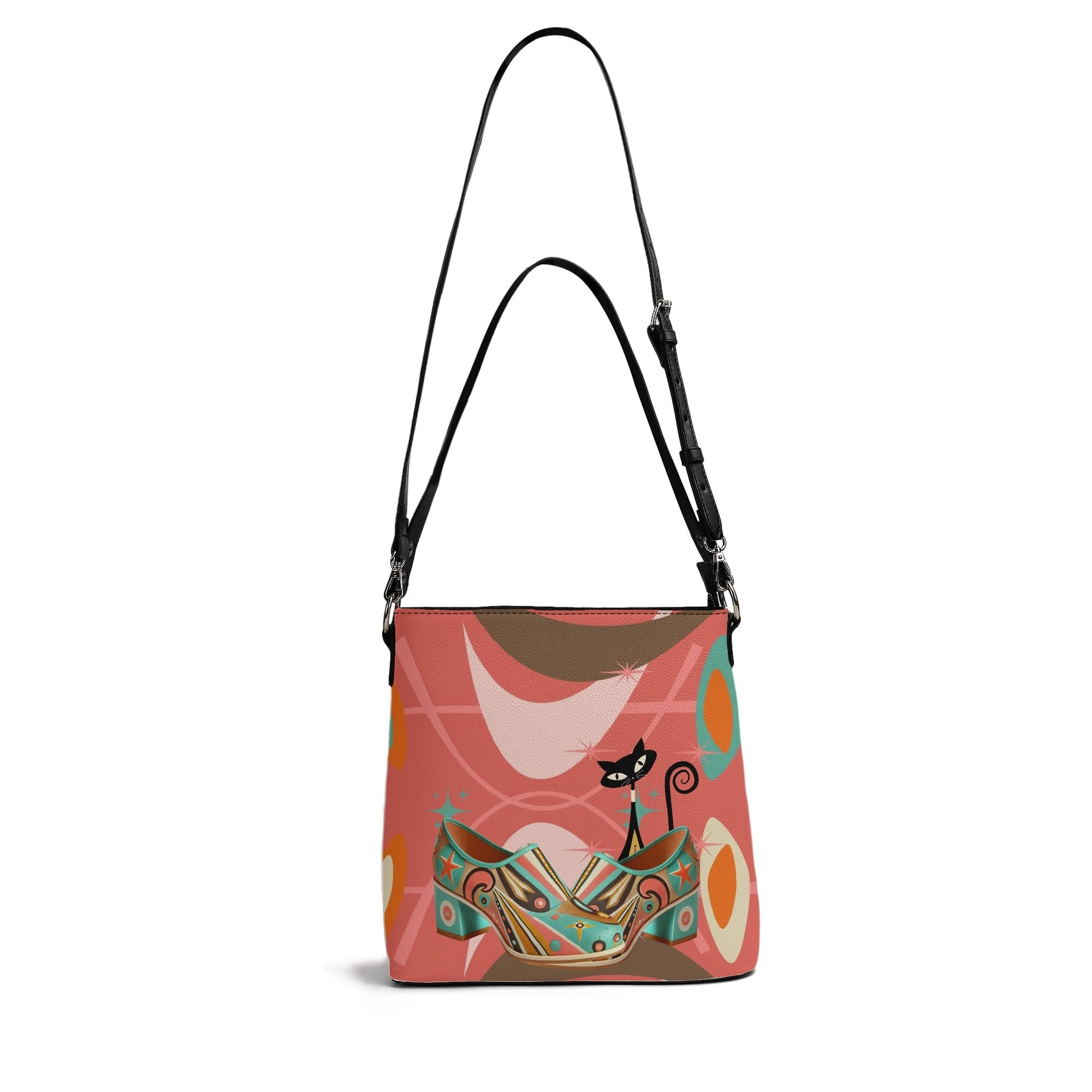 Atomic Cat Bucket Shoulder Bag, Atomic 50s Shoe Lover Design By MCM Gal, Mid Century Mod Kitschy Trendy Purse - Mid Century Modern Gal