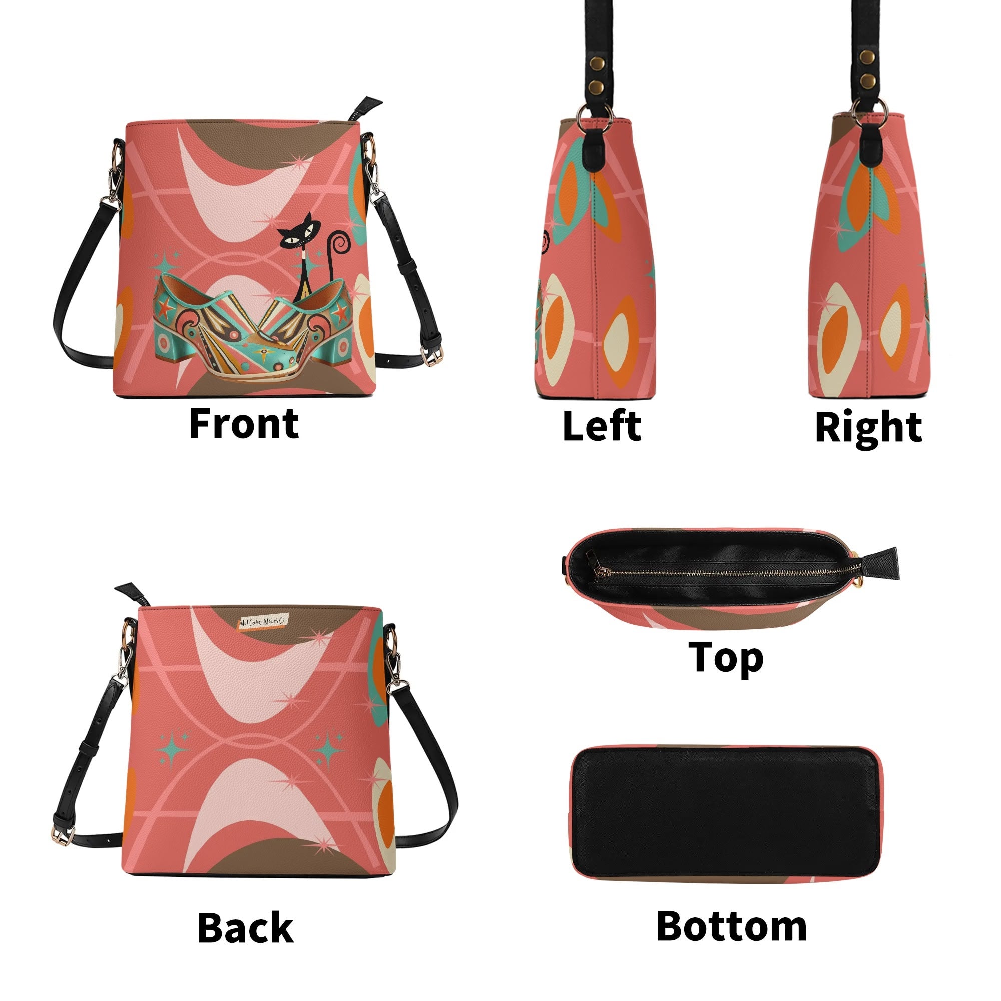 Atomic Cat Bucket Shoulder Bag, Atomic 50s Shoe Lover Design By MCM Gal, Mid Century Mod Kitschy Trendy Purse - Mid Century Modern Gal
