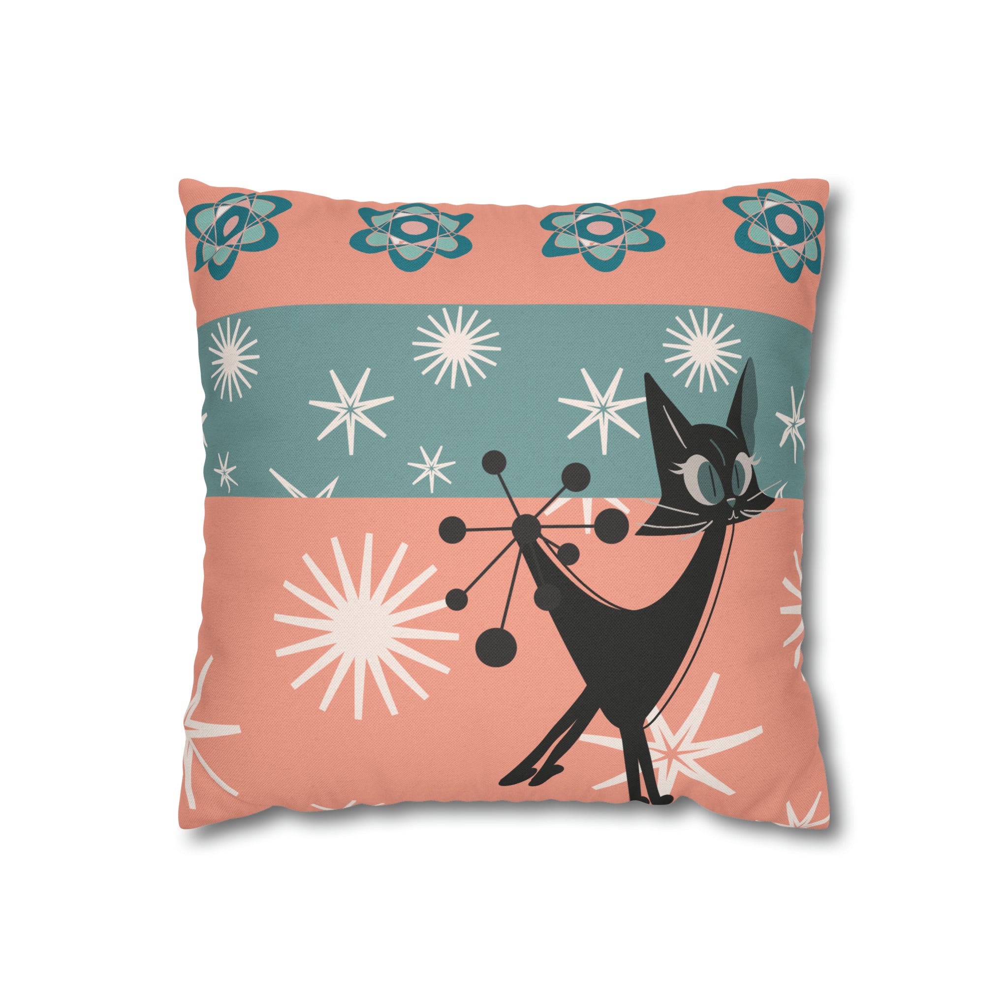 Atomic Kitschy Kittie, Black Cat Lover, Mid Century Modern Boomerang, Retro Coral, Teal, Starburst, 50s Pillow Case Cover - Mid Century Modern Gal