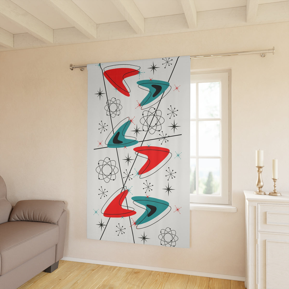 Mid Century Modern Atomic Boomerangs Red, Teal Starburst Retro Futurist Window Curtains (1 Piece) - Mid Century Modern Gal