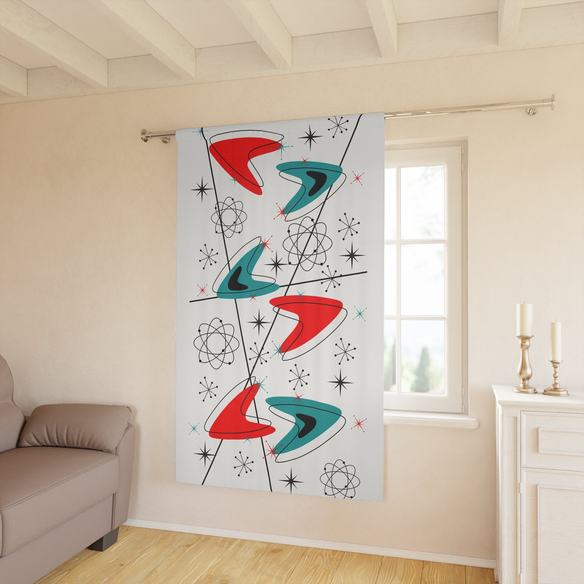 Mid Century Modern Atomic Boomerangs Red, Teal Starburst Retro Futurist Window Curtains (1 Piece) - Mid Century Modern Gal