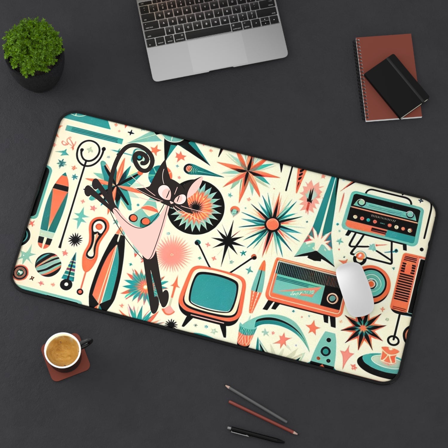 Atomic Space Cat Mid Century Modern  Aqua Coral, Kitschy Desk Mat - Mid Century Modern Gal