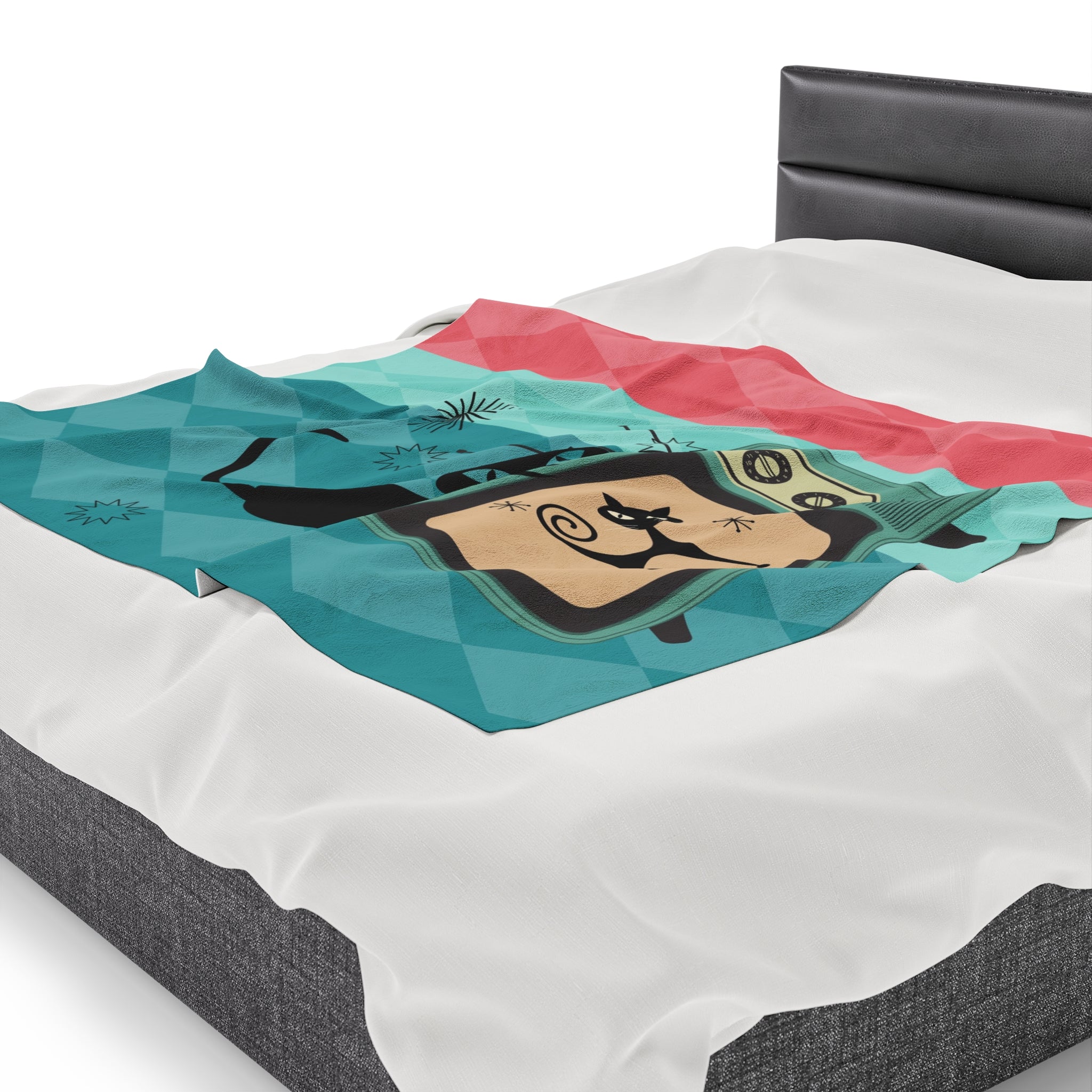 Atomic Cat Kitschy Mod Velveteen Plush Blanket, Pink, Aqua, Harlequin Diamond Pattern - Mid Century Modern Gal