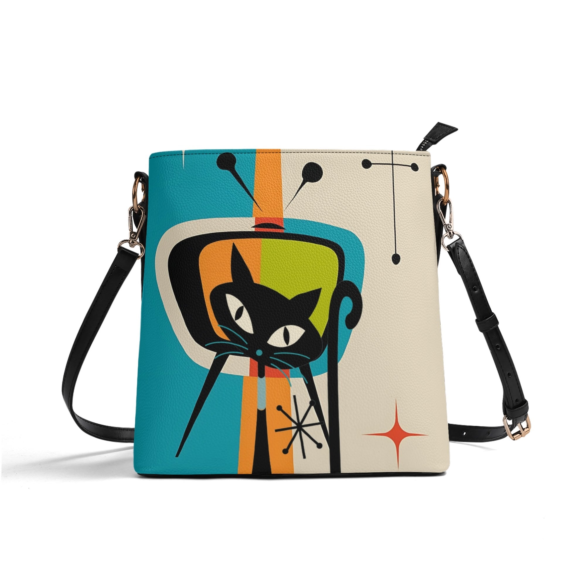 Atomic Cat Bucket Shoulder Bag, Atomic 50s Fashion Bag Design By MCM Gal, Mid Century Mod Kitschy Trendy Purse - Mid Century Modern Gal