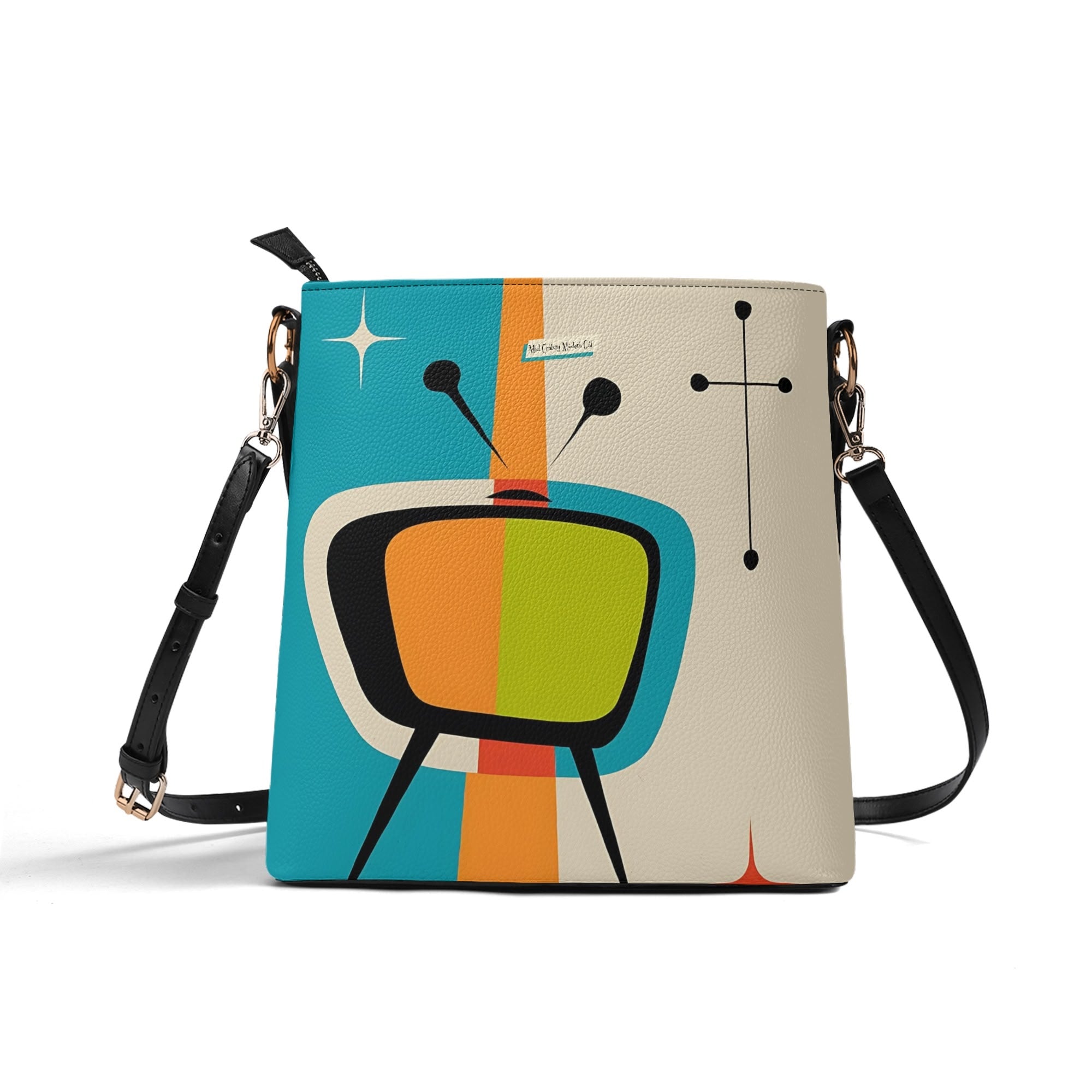 Atomic Cat Bucket Shoulder Bag, Atomic 50s Fashion Bag Design By MCM Gal, Mid Century Mod Kitschy Trendy Purse - Mid Century Modern Gal