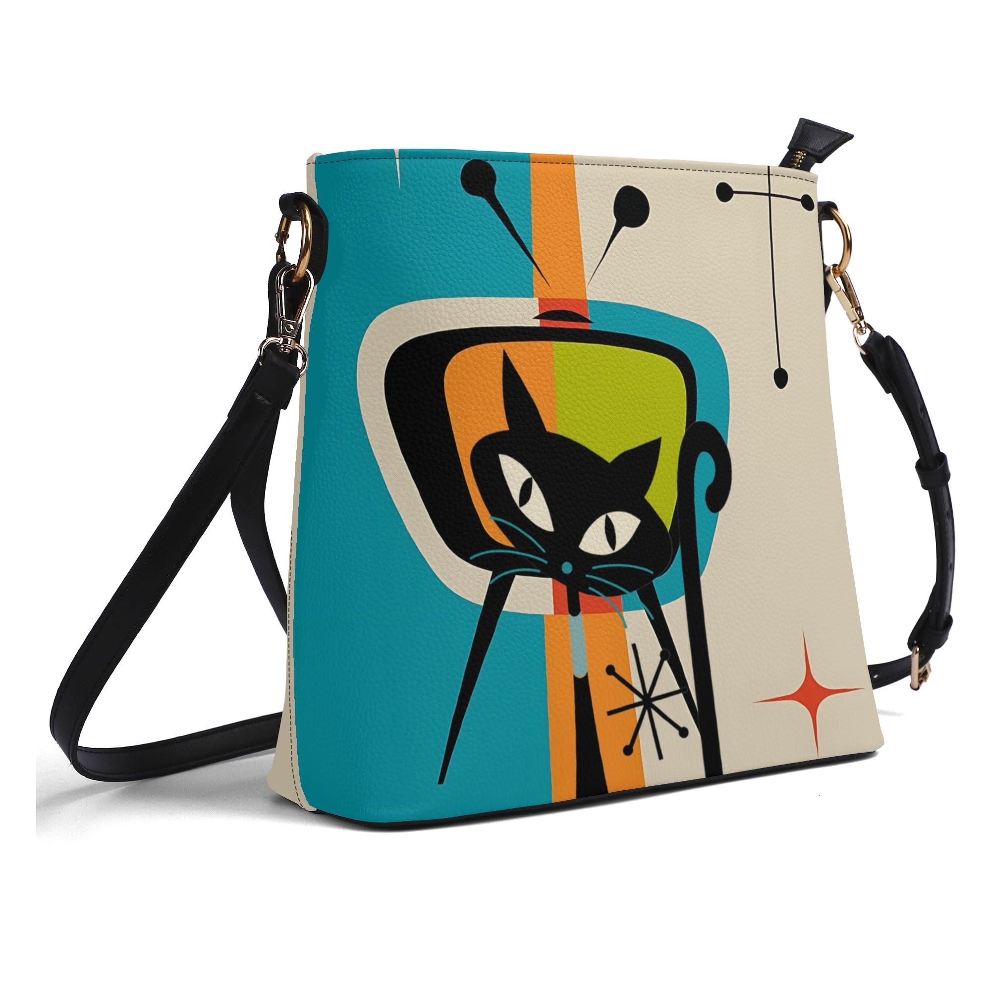Atomic Cat Bucket Shoulder Bag, Atomic 50s Fashion Bag Design By MCM Gal, Mid Century Mod Kitschy Trendy Purse - Mid Century Modern Gal