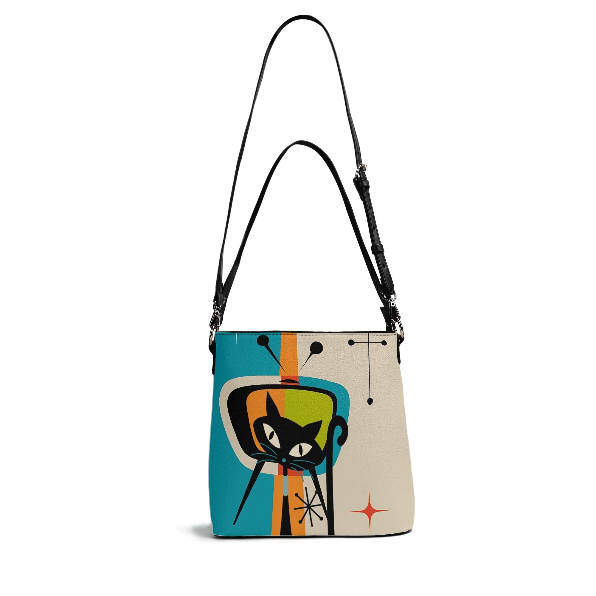 Atomic Cat Bucket Shoulder Bag, Atomic 50s Fashion Bag Design By MCM Gal, Mid Century Mod Kitschy Trendy Purse - Mid Century Modern Gal