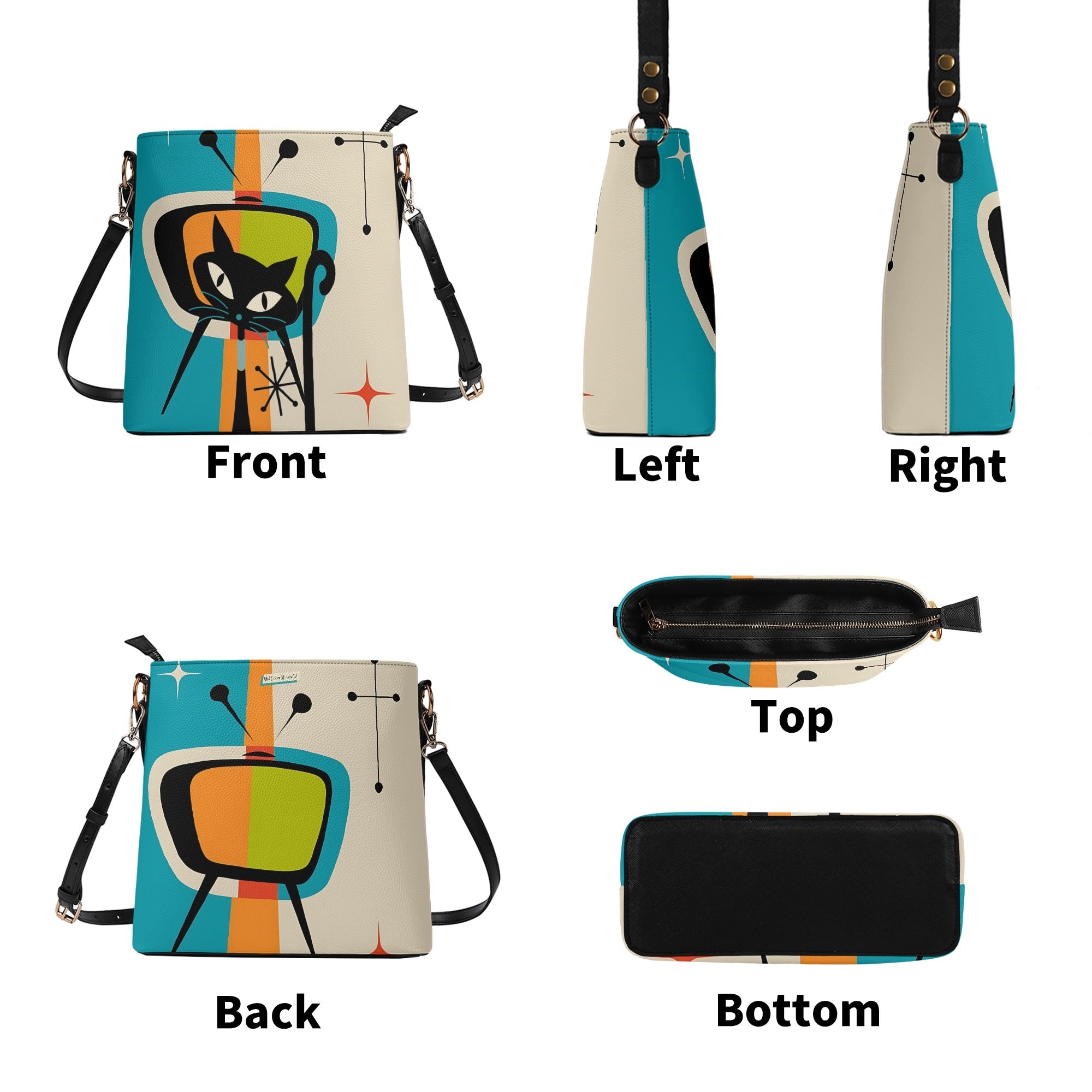 Atomic Cat Bucket Shoulder Bag, Atomic 50s Fashion Bag Design By MCM Gal, Mid Century Mod Kitschy Trendy Purse - Mid Century Modern Gal