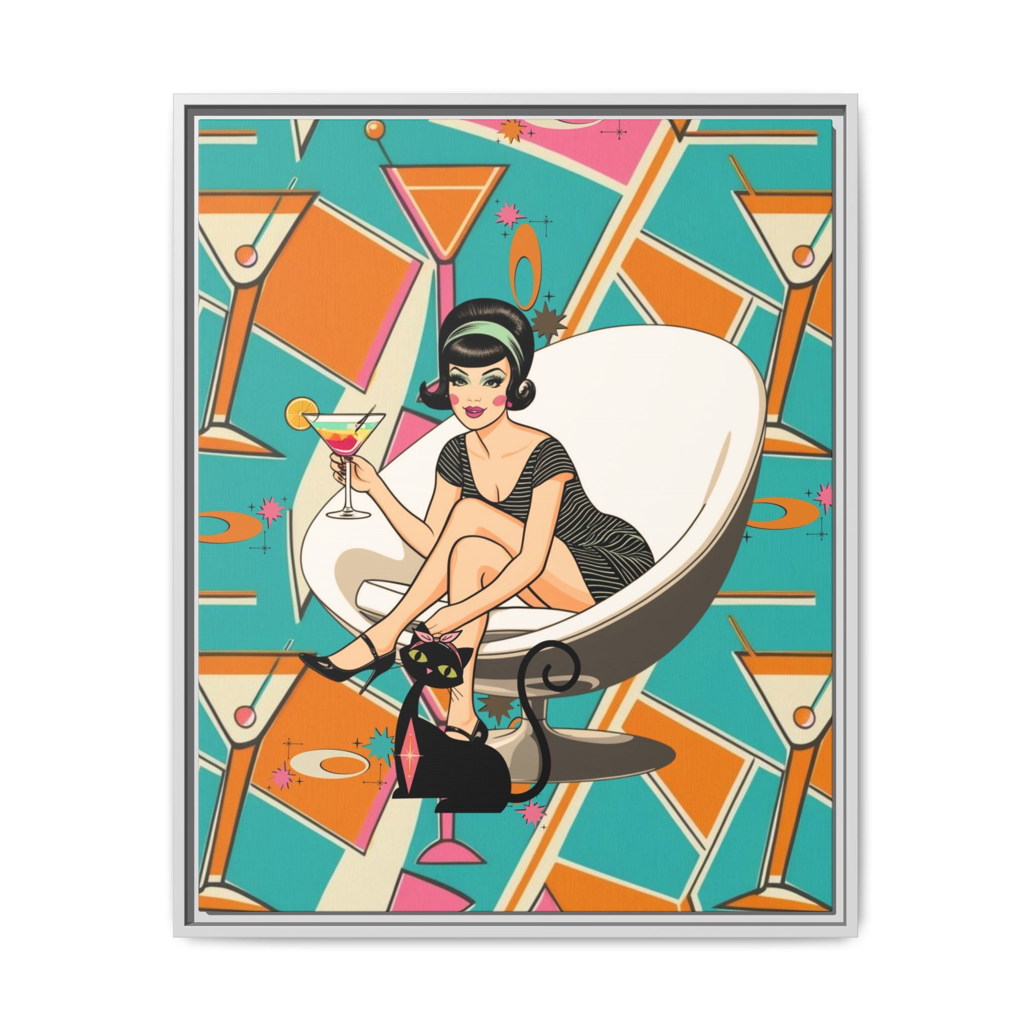 Mid Mod 60s Gal, Atomic Cat Barware Wall Art - Framed Matte Canvas with Vintage Cocktail And Retro Cat Design - Mid Century Modern Gal