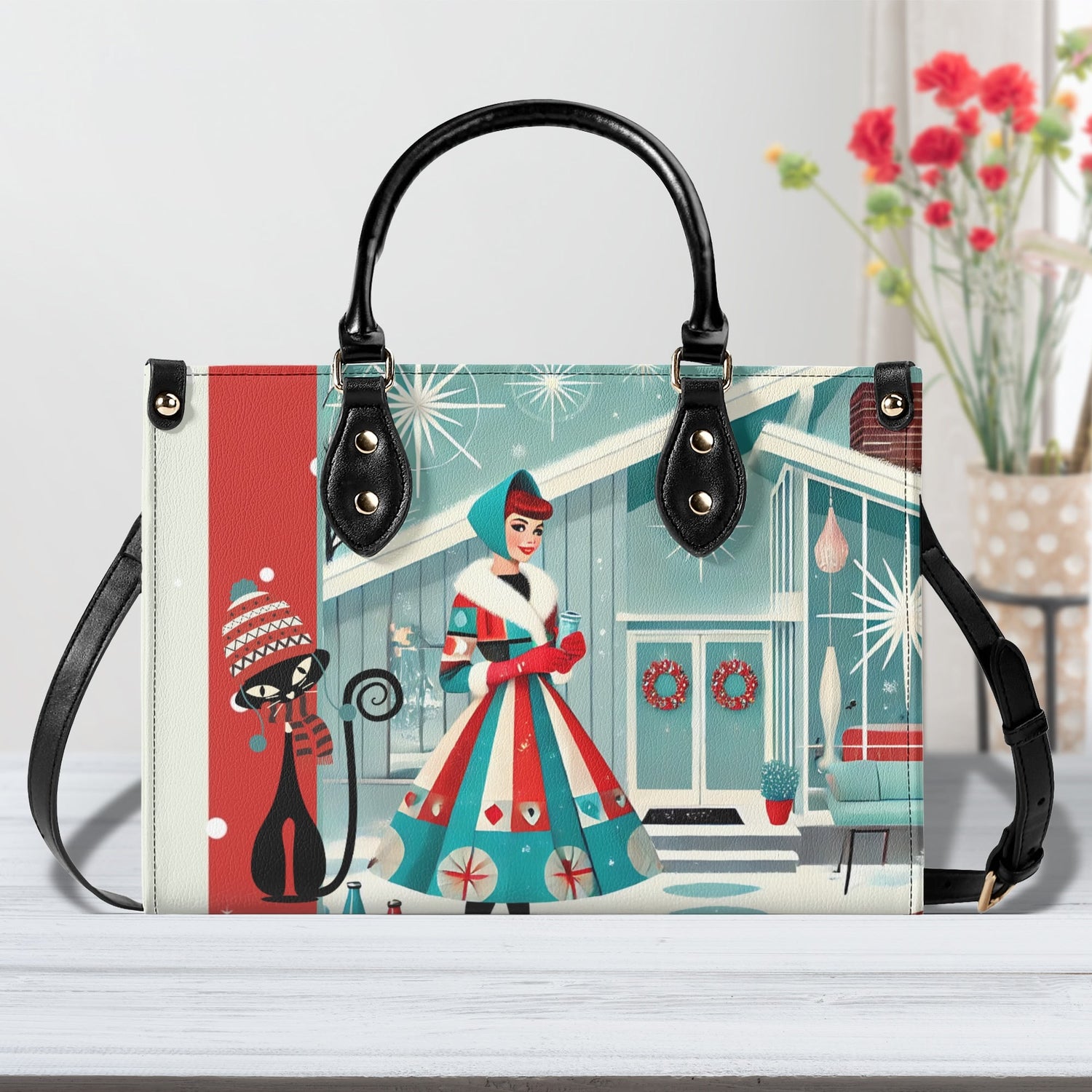 Atomic Cat, Mod Gal Winter Seasonal Handbag, Shoulder Bag Hip Trendy Apparel For The Season - Mid Century Modern Gal
