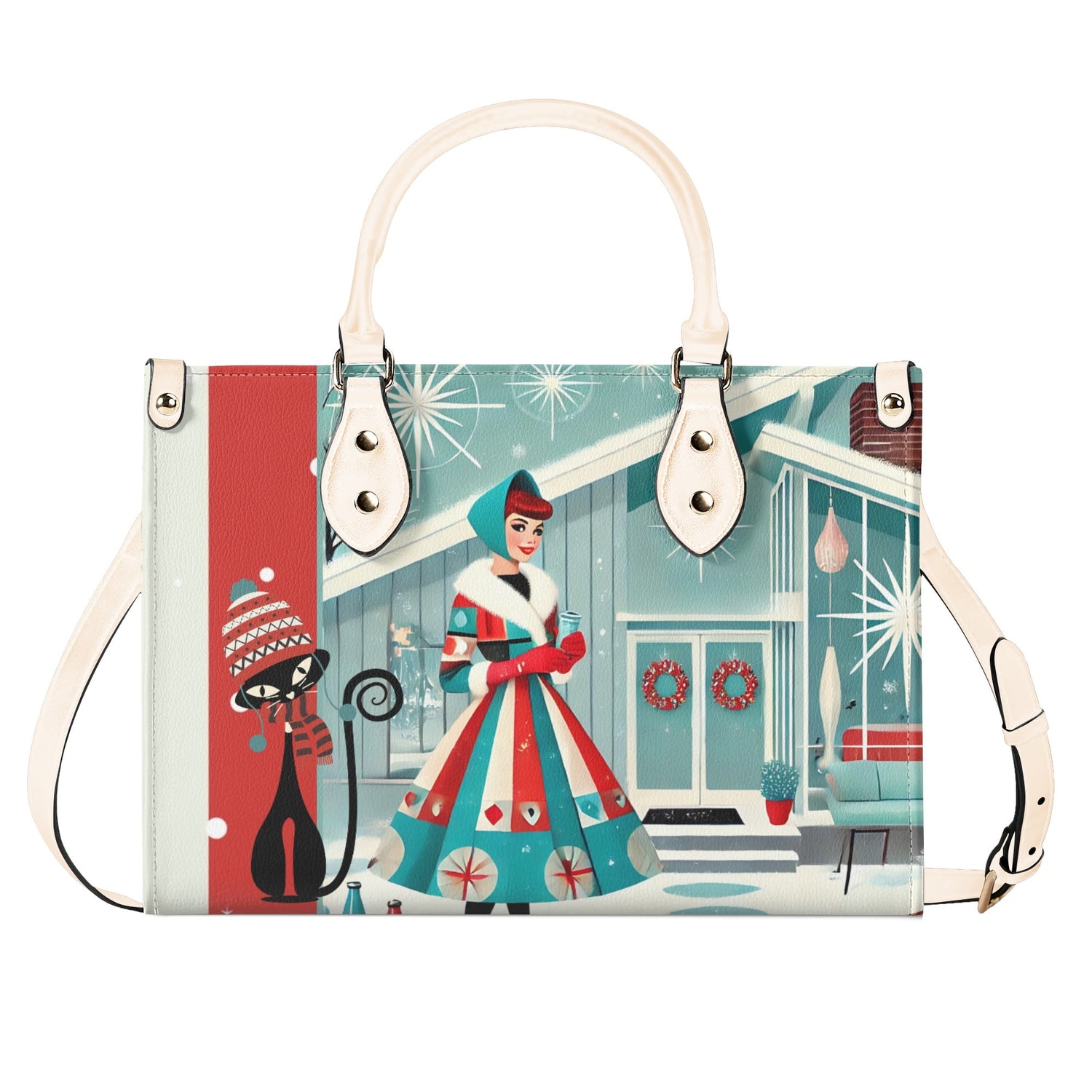 Atomic Cat, Mod Gal Winter Seasonal Handbag, Shoulder Bag Hip Trendy Apparel For The Season - Mid Century Modern Gal