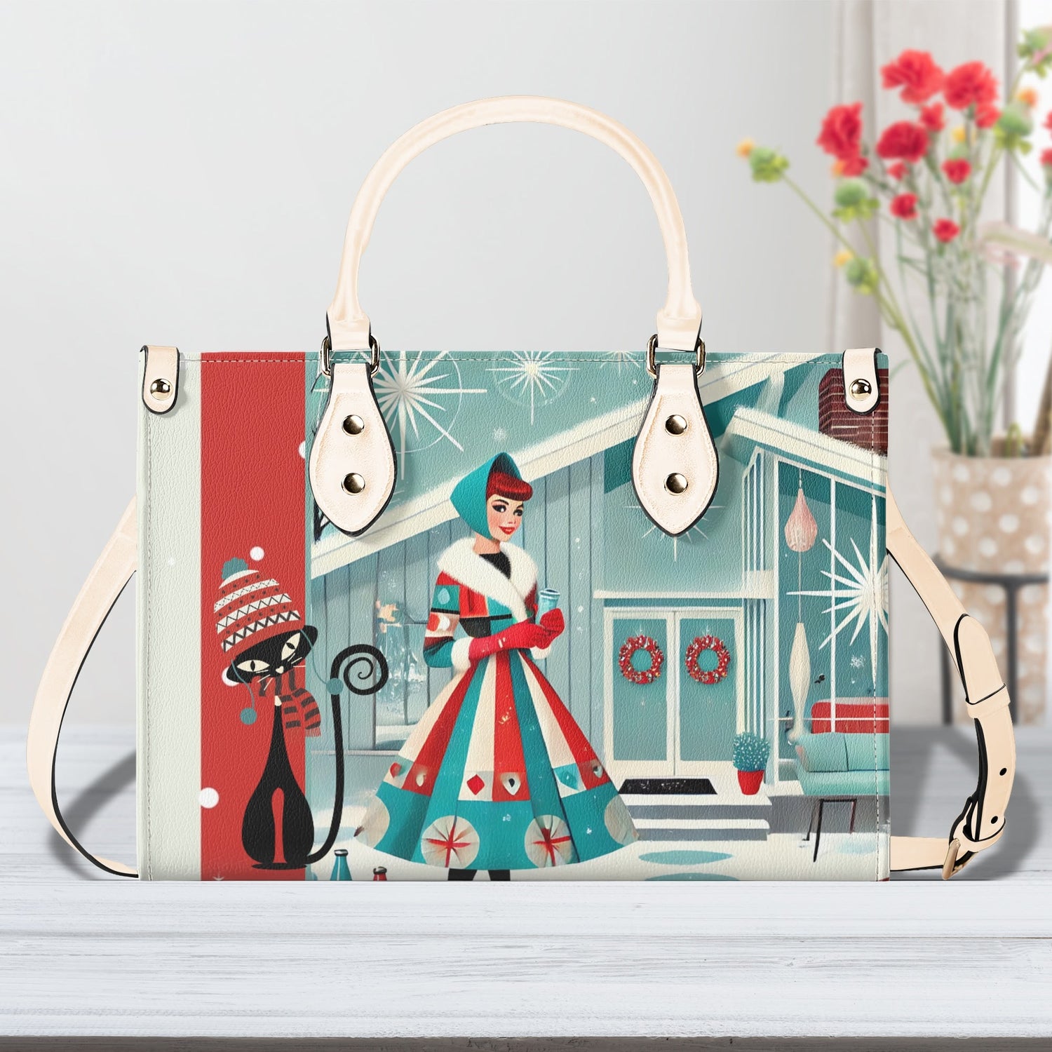 Atomic Cat, Mod Gal Winter Seasonal Handbag, Shoulder Bag Hip Trendy Apparel For The Season - Mid Century Modern Gal