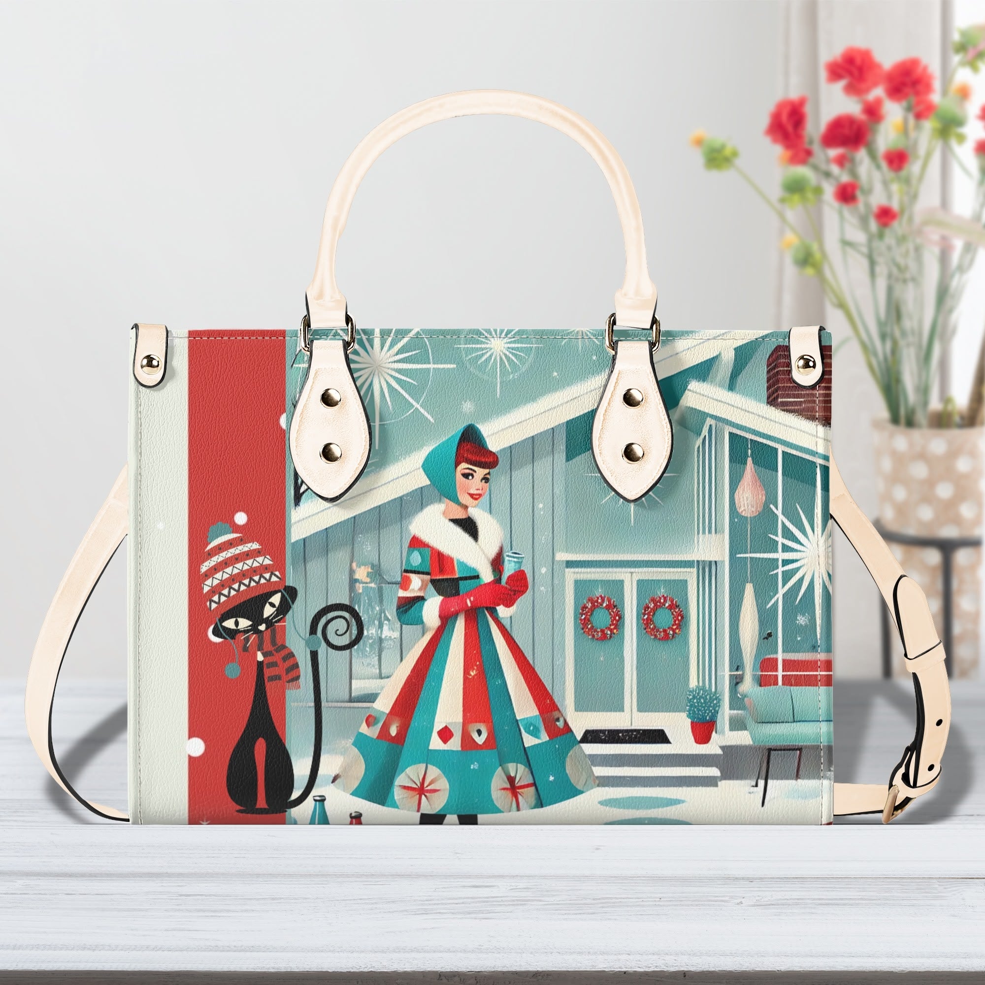 Atomic Cat, Mod Gal Winter Seasonal Handbag, Shoulder Bag Hip Trendy Apparel For The Season - Mid Century Modern Gal