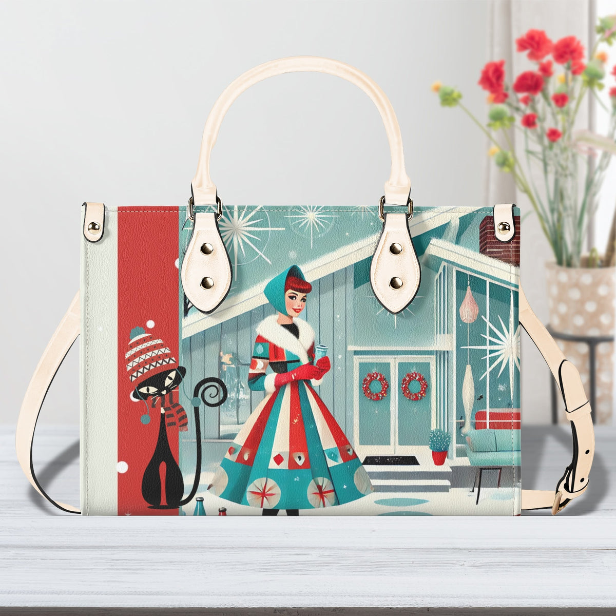 Atomic Cat, Mod Gal Winter Seasonal Handbag, Shoulder Bag Hip Trendy Apparel For The Season - Mid Century Modern Gal
