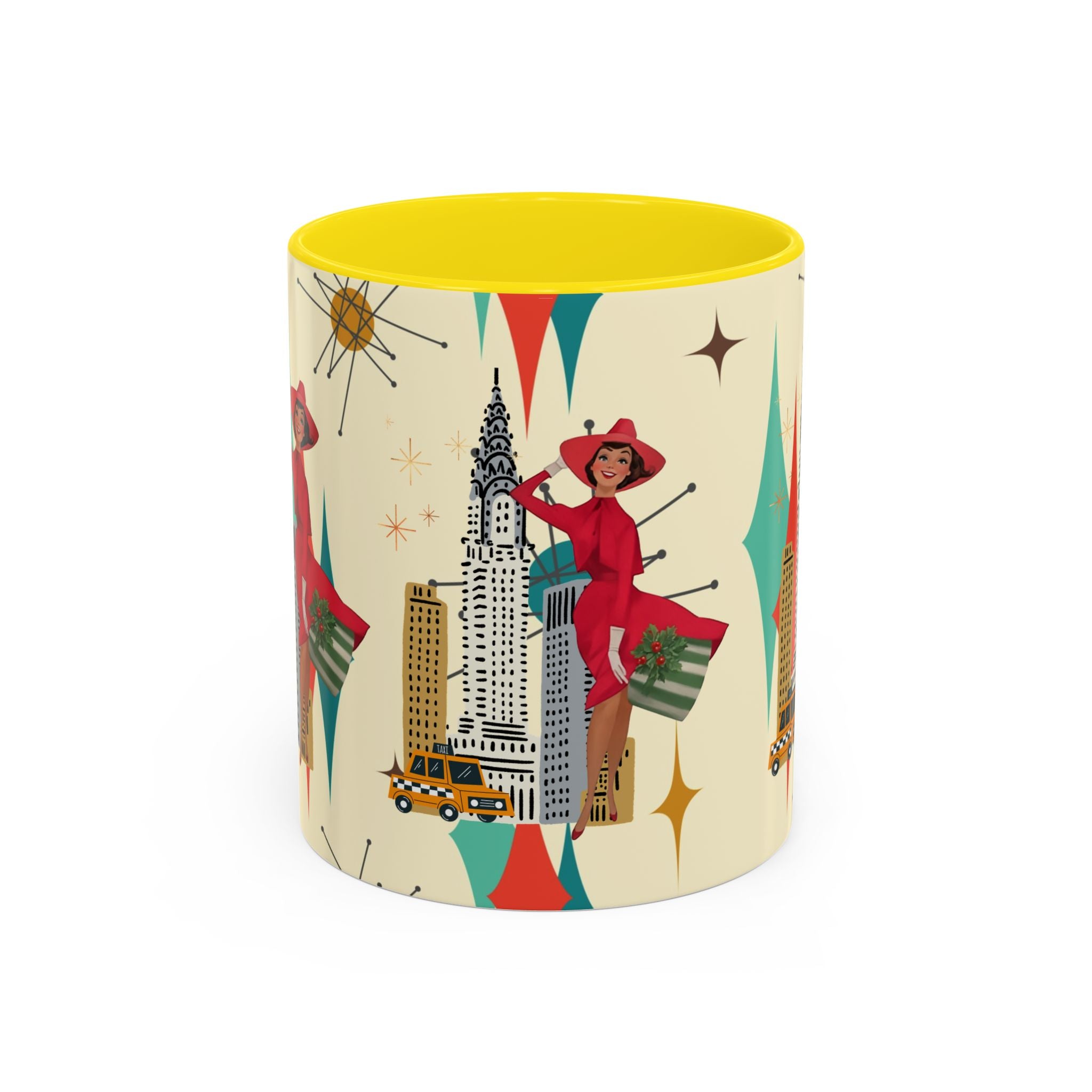 Mid Century Modern Kitschy Christmas Gal, Franciscan Starburst Diamond Retro Chic Accent Coffee Mug - Vintage Cityscape Design - Mid Century Modern Gal