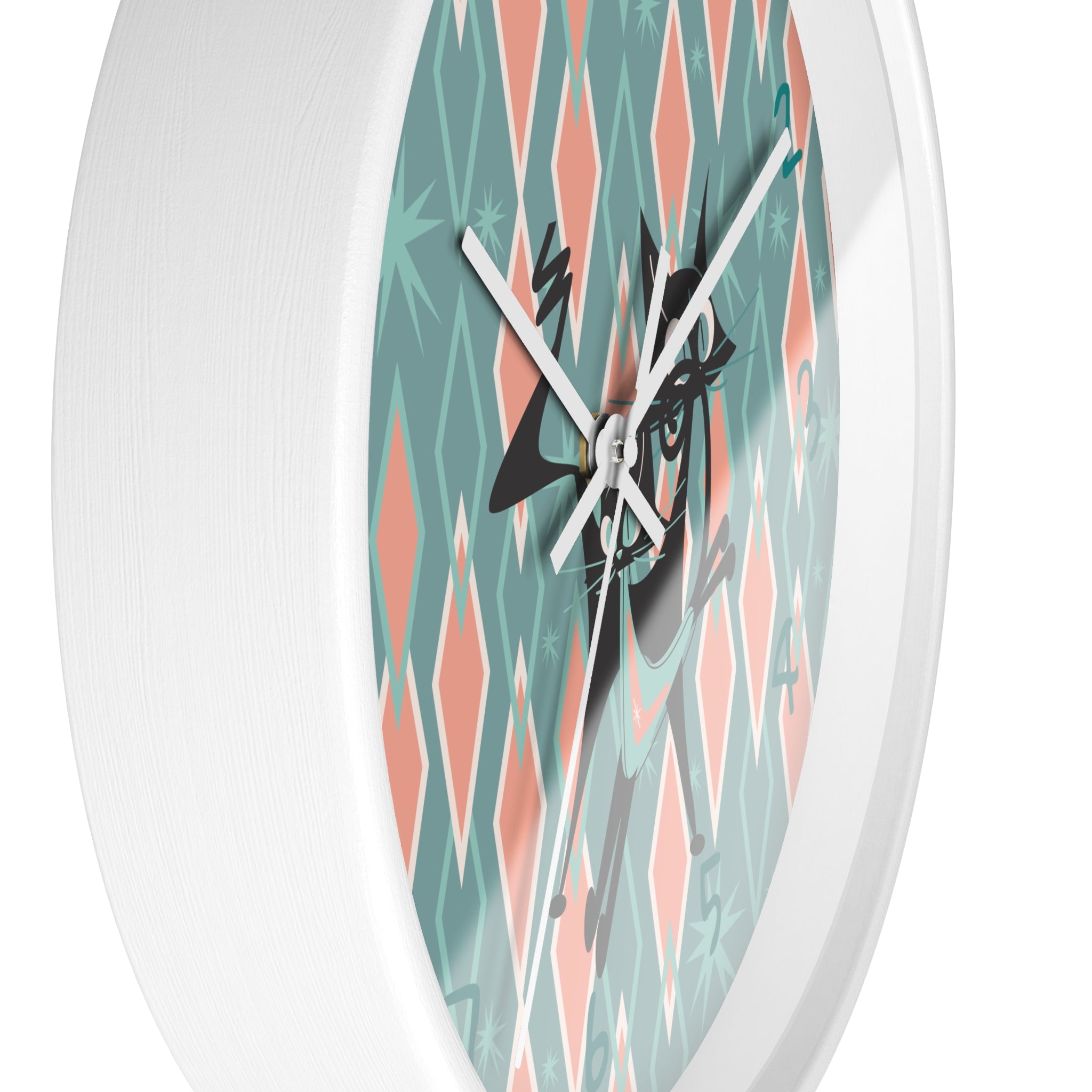 Retro Kitchen Wall Clock For Atomic Cat Black Cat Lovers, Mid Century Modern Designed, Teal, Pink Harlequin Diamond Designed MCM Clock - Mid Century Modern Gal
