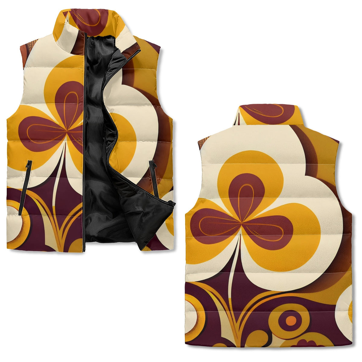 Hip Mod Retro Groovy Brown Gold, Hipster Unisex Lightweight Collar Zip Up Puffer Vest - Mid Century Modern Gal