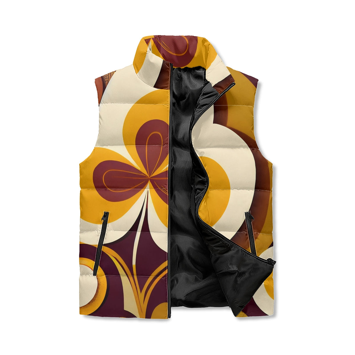 Hip Mod Retro Groovy Brown Gold, Hipster Unisex Lightweight Collar Zip Up Puffer Vest - Mid Century Modern Gal