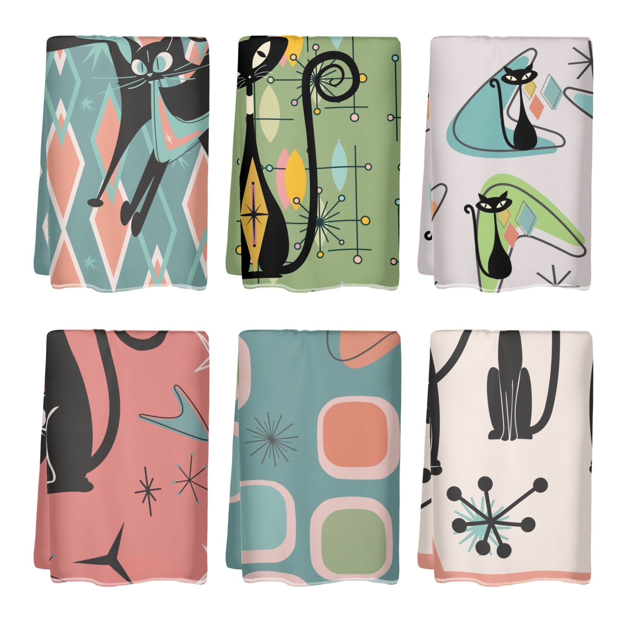 Atomic Cat, Kitschy Bathroom, Kitchen Hand Towels 6 Pcs - Mid Century Modern Gal
