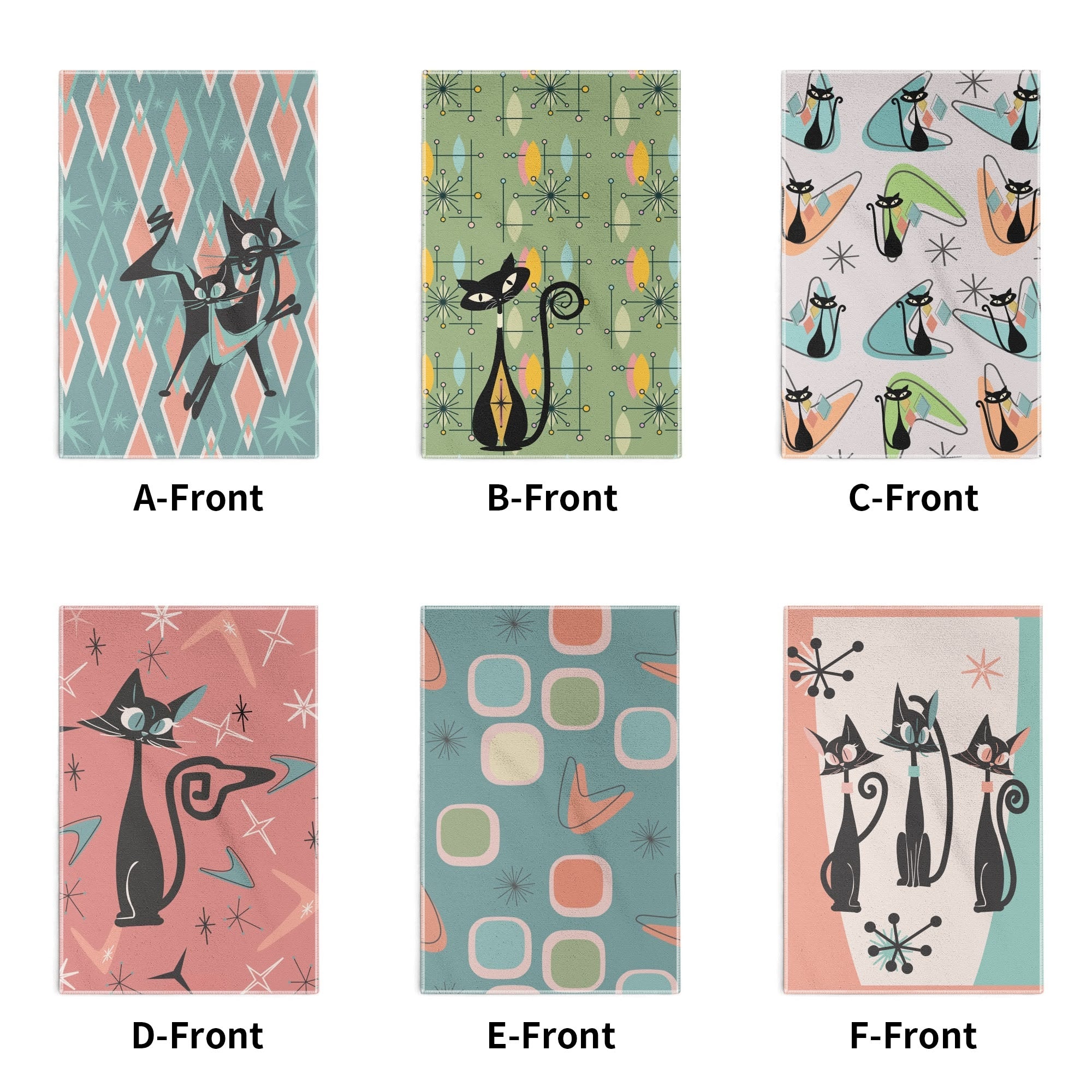 Atomic Cat, Kitschy Bathroom, Kitchen Hand Towels 6 Pcs - Mid Century Modern Gal