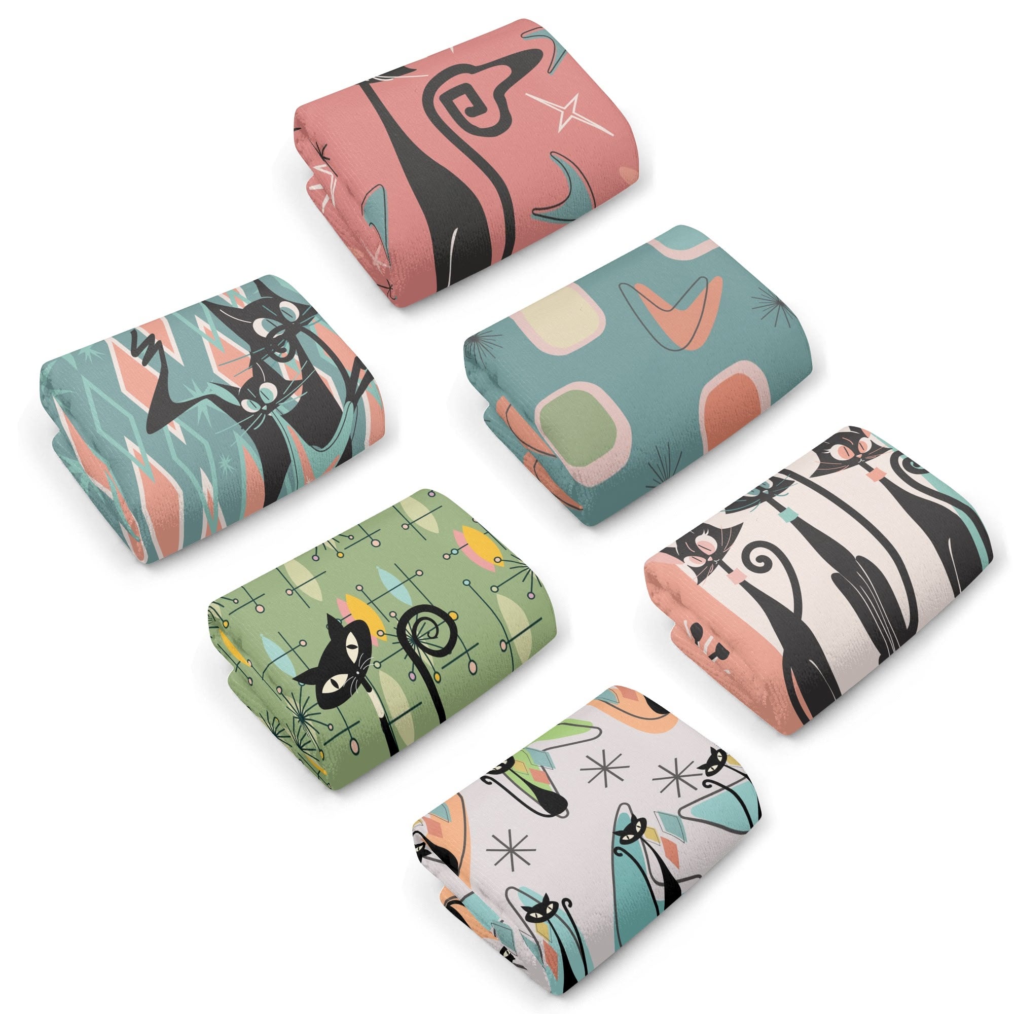 Atomic Cat, Kitschy Bathroom, Kitchen Hand Towels 6 Pcs - Mid Century Modern Gal