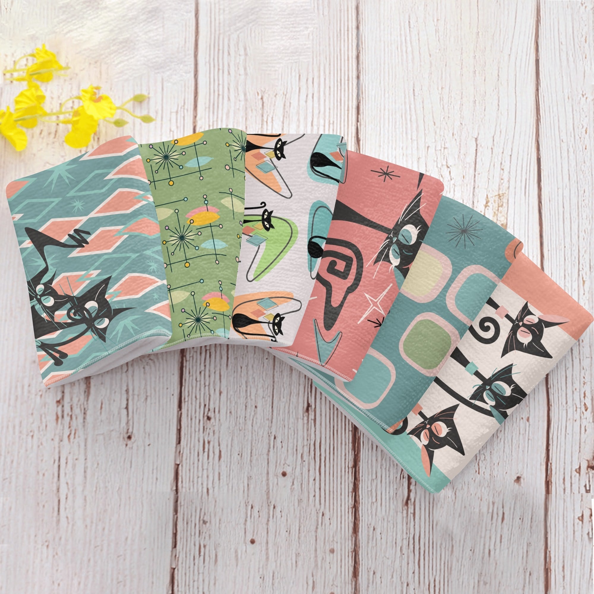 Atomic Cat, Kitschy Bathroom, Kitchen Hand Towels 6 Pcs - Mid Century Modern Gal