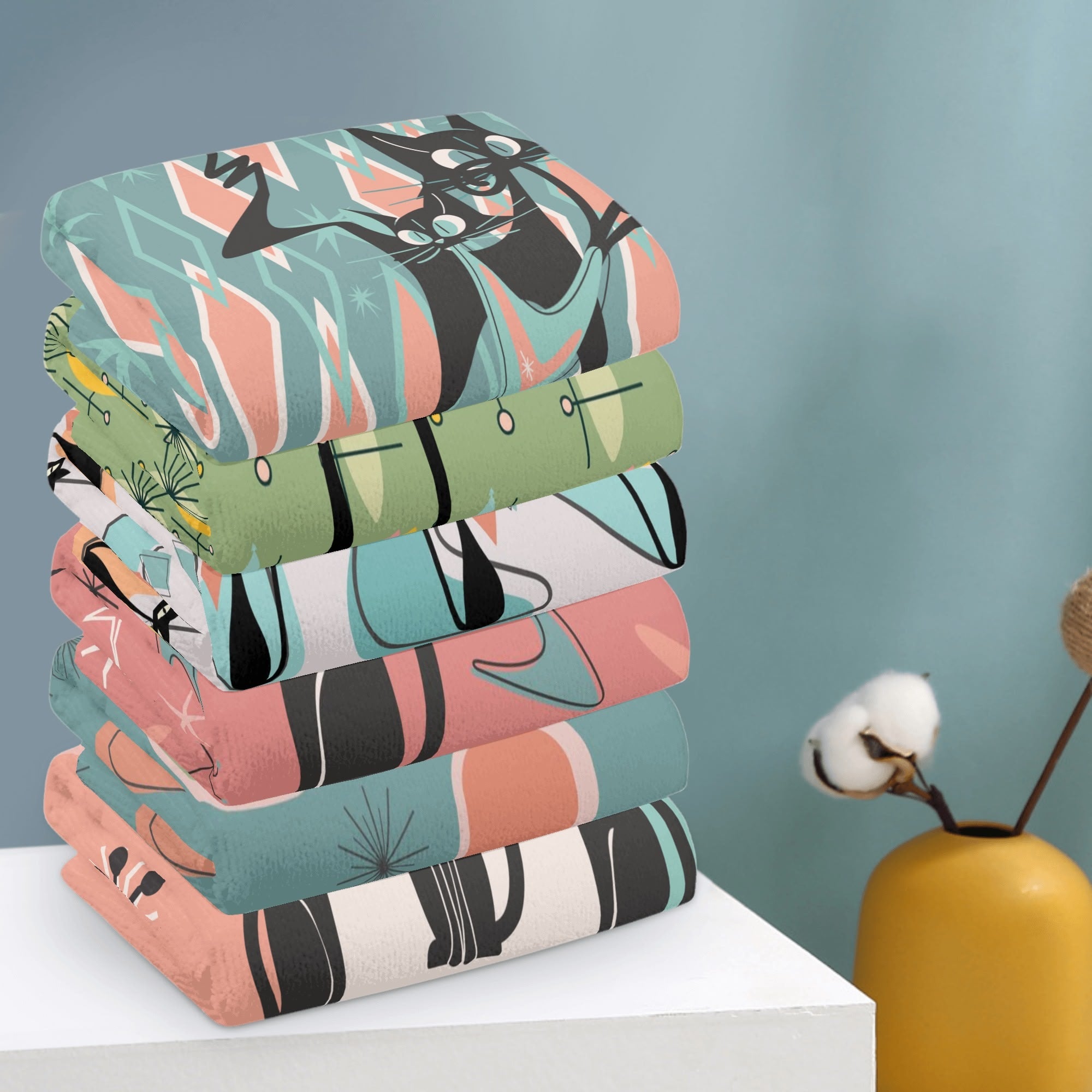 Atomic Cat, Kitschy Bathroom, Kitchen Hand Towels 6 Pcs - Mid Century Modern Gal