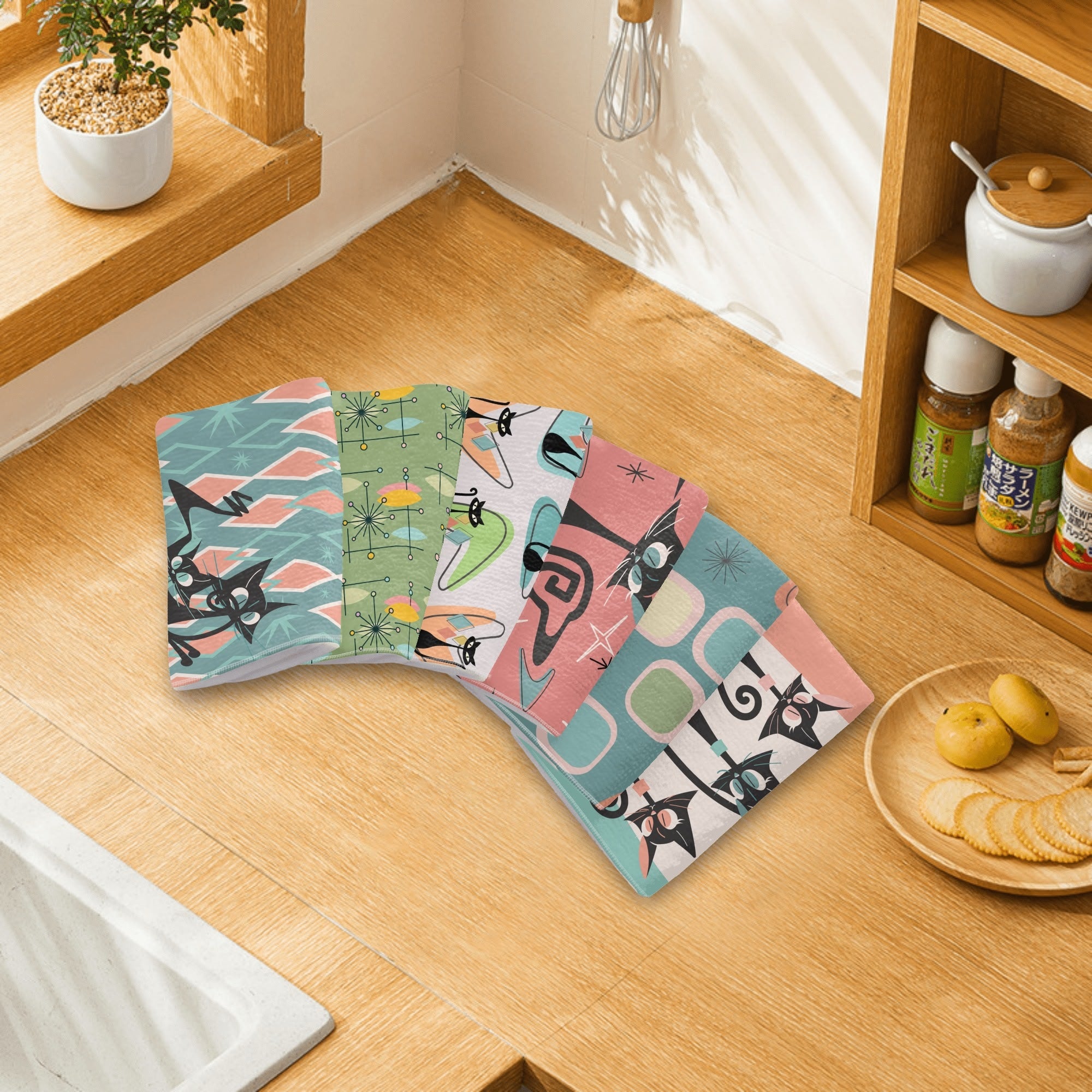 Atomic Cat, Kitschy Bathroom, Kitchen Hand Towels 6 Pcs - Mid Century Modern Gal
