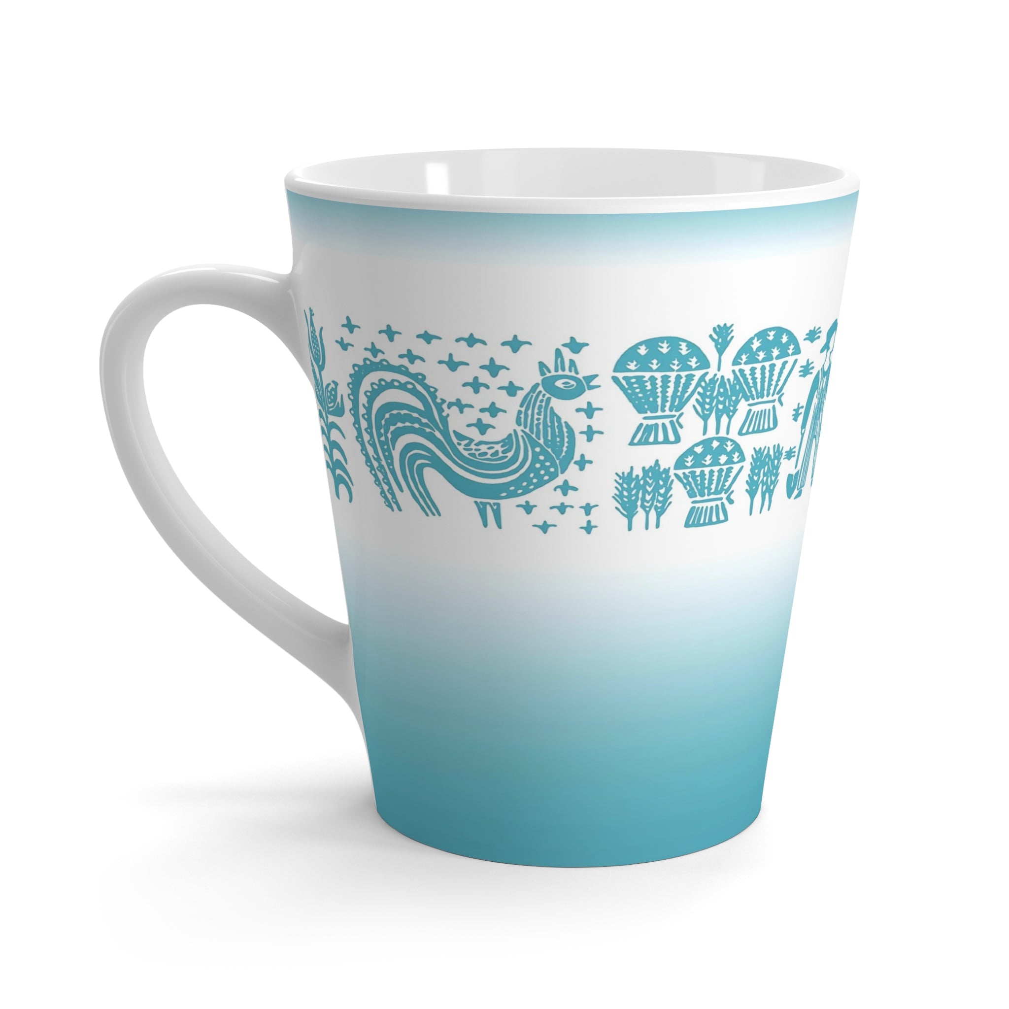 Amish Butterprint, Aqua Blue, Rooster, Kitschy 50s Retro Latte Mug - Mid Century Modern Gal