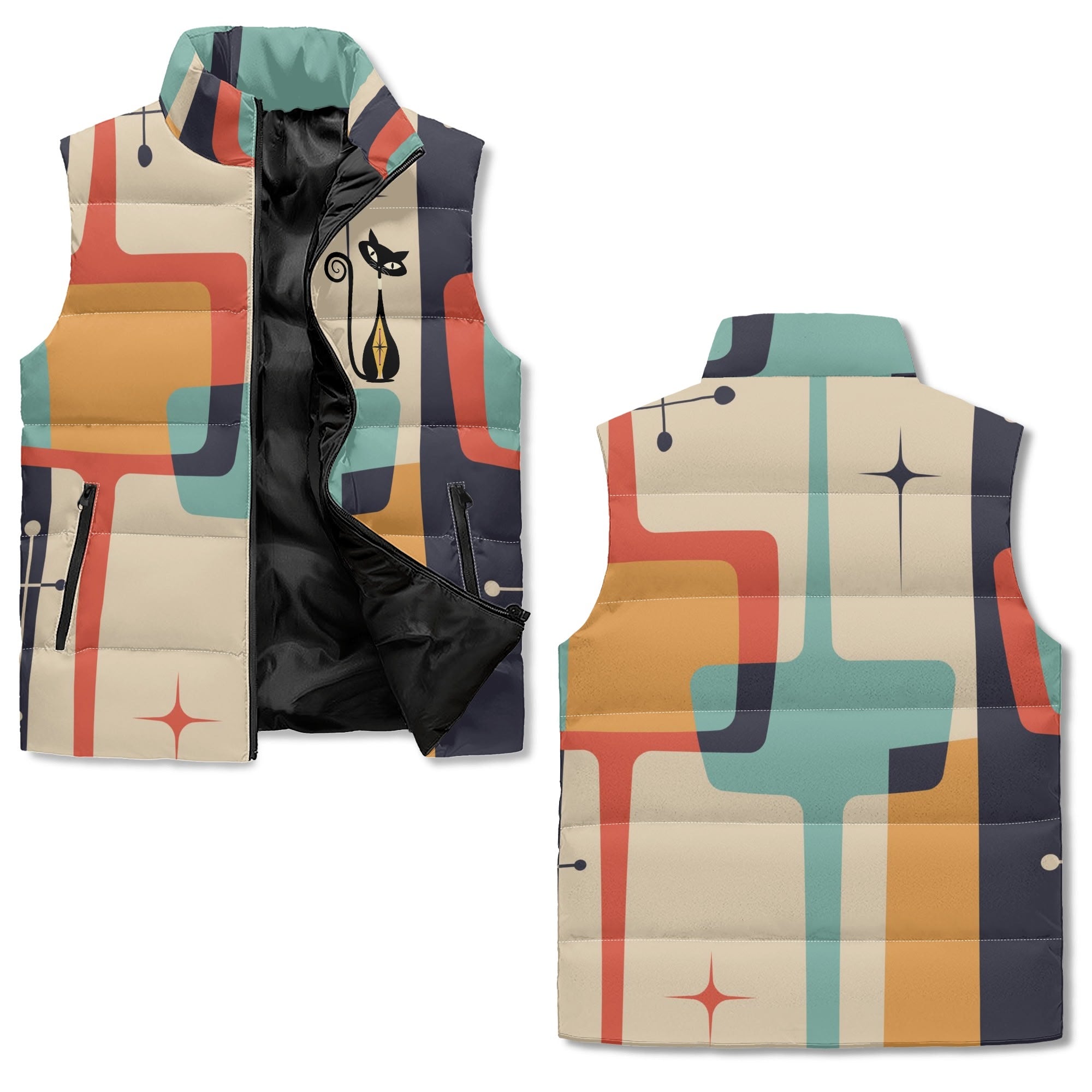 Mid Century Mod Atomic Cat Cool Retro Puffer Jacket - Mid Century Modern Gal