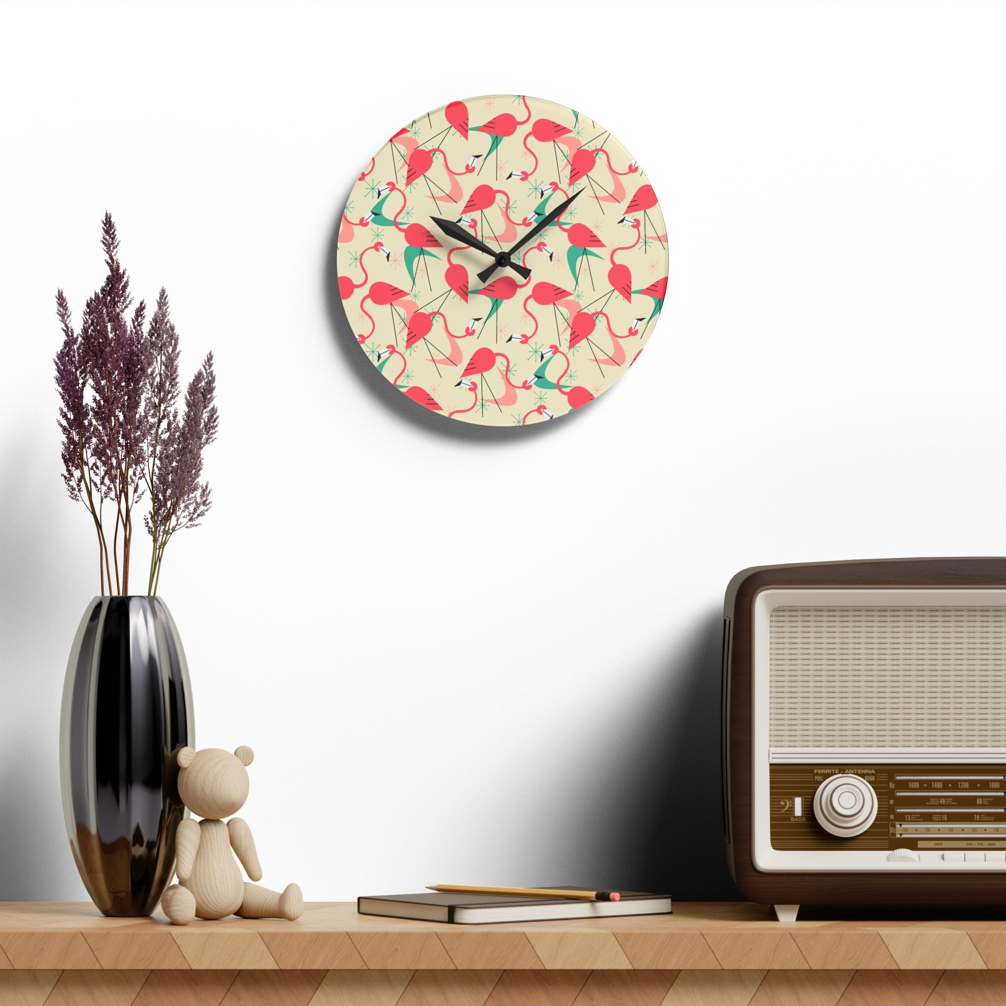 Tropical Retro Dancing Flamingos Acrylic Wall Clock - Fun and Colorful Home Decor - Mid Century Modern Gal