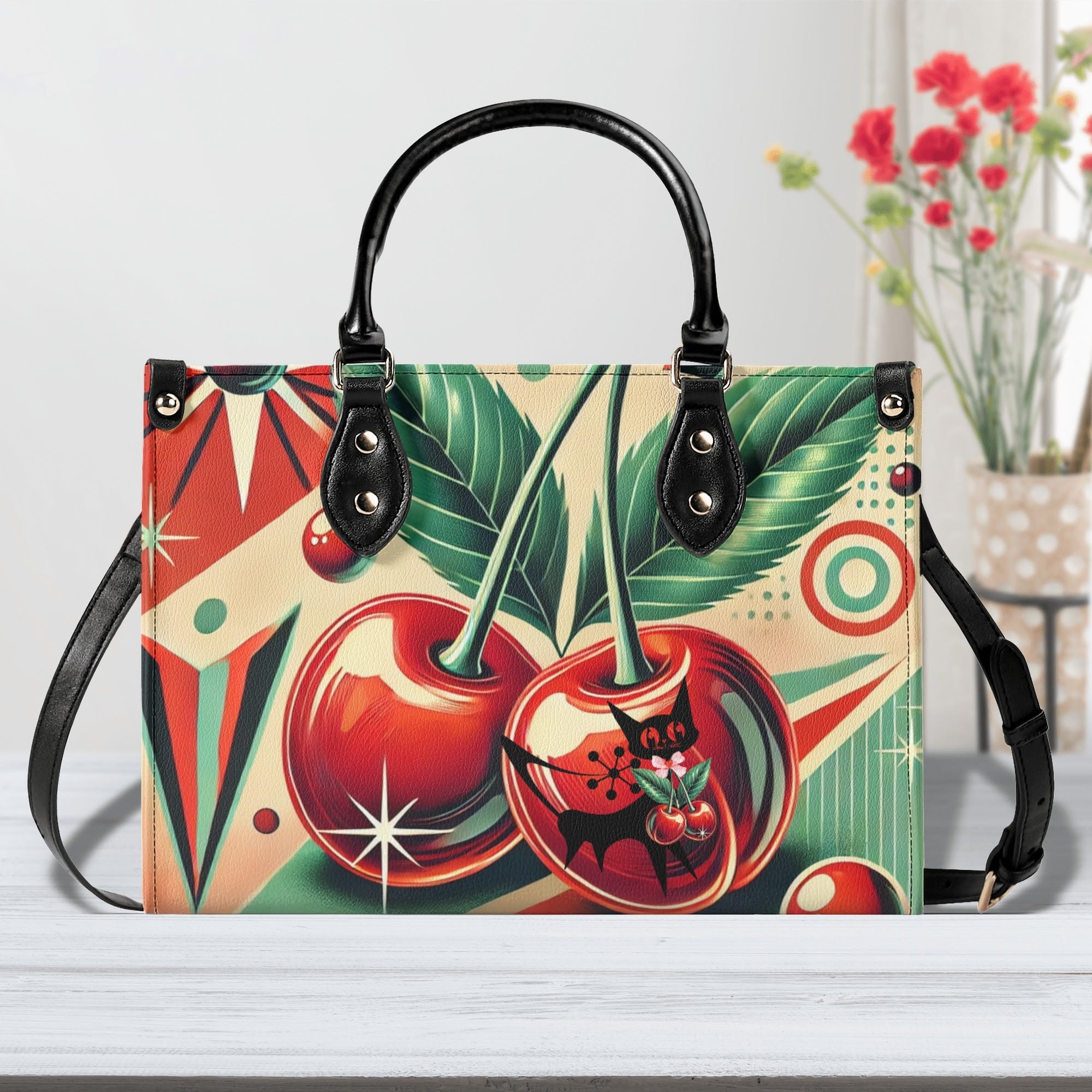 Retro Cherry Print Handbag Mid Century Modern Gal Signature Atomic Cat, Atomic Kitschy Handbag, Shoulder Bag - Mid Century Modern Gal