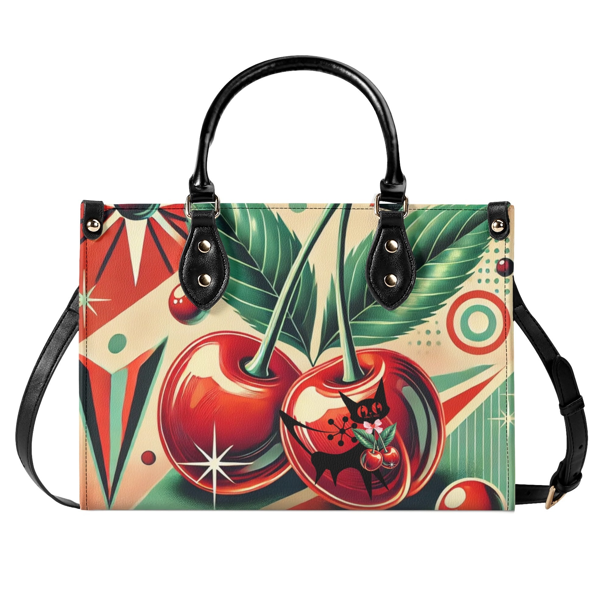 Retro Cherry Print Handbag Mid Century Modern Gal Signature Atomic Cat, Atomic Kitschy Handbag, Shoulder Bag - Mid Century Modern Gal