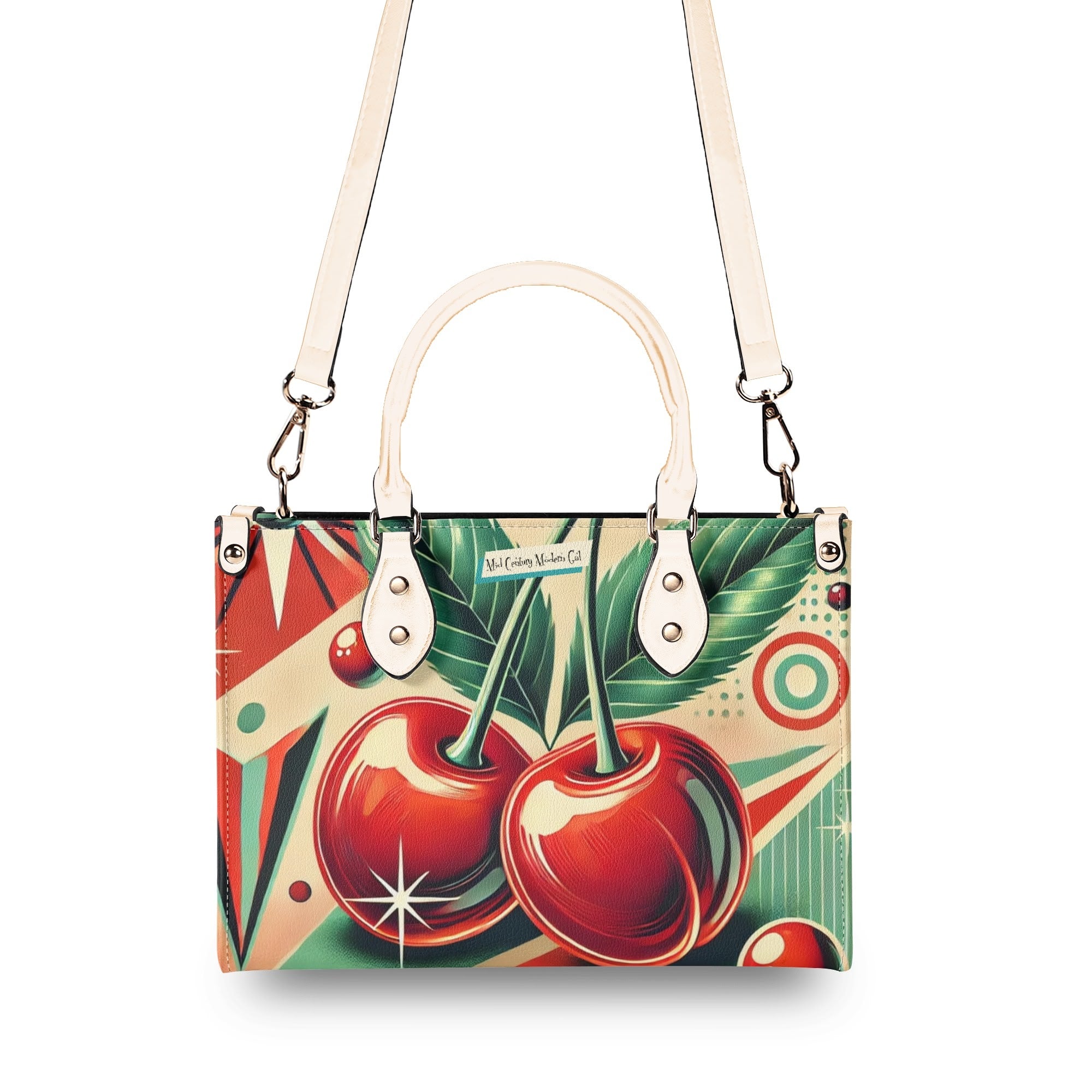 Retro Cherry Print Handbag Mid Century Modern Gal Signature Atomic Cat, Atomic Kitschy Handbag, Shoulder Bag - Mid Century Modern Gal