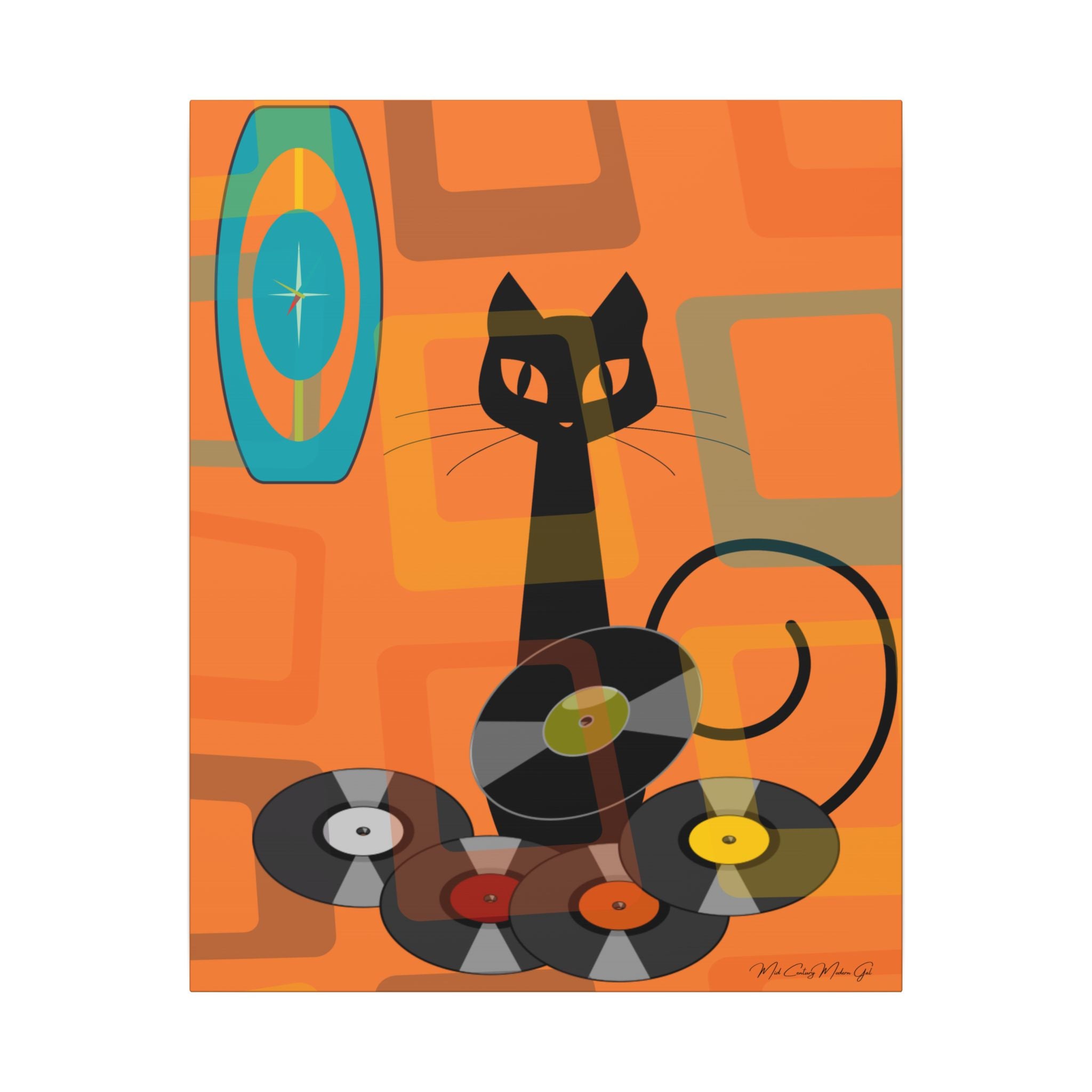 Atomic Cat Retro Groovy Records Mid Century Modern Orange Geometric, Canvas Gallery MCM Mid Mod Wall Art - Mid Century Modern Gal