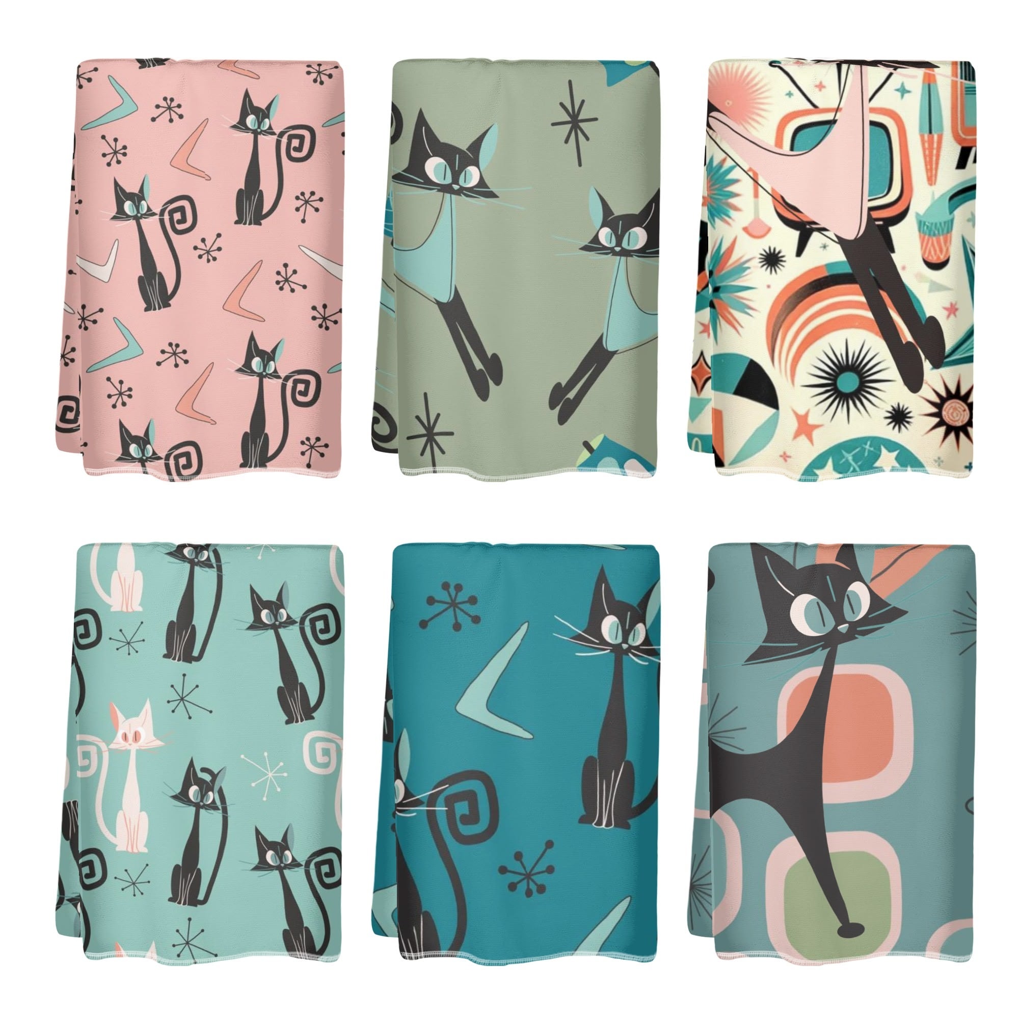 Atomic Cat Mid Century Modern Kitchen, Bath Towels Set of 6 - Mid Century Modern Gal