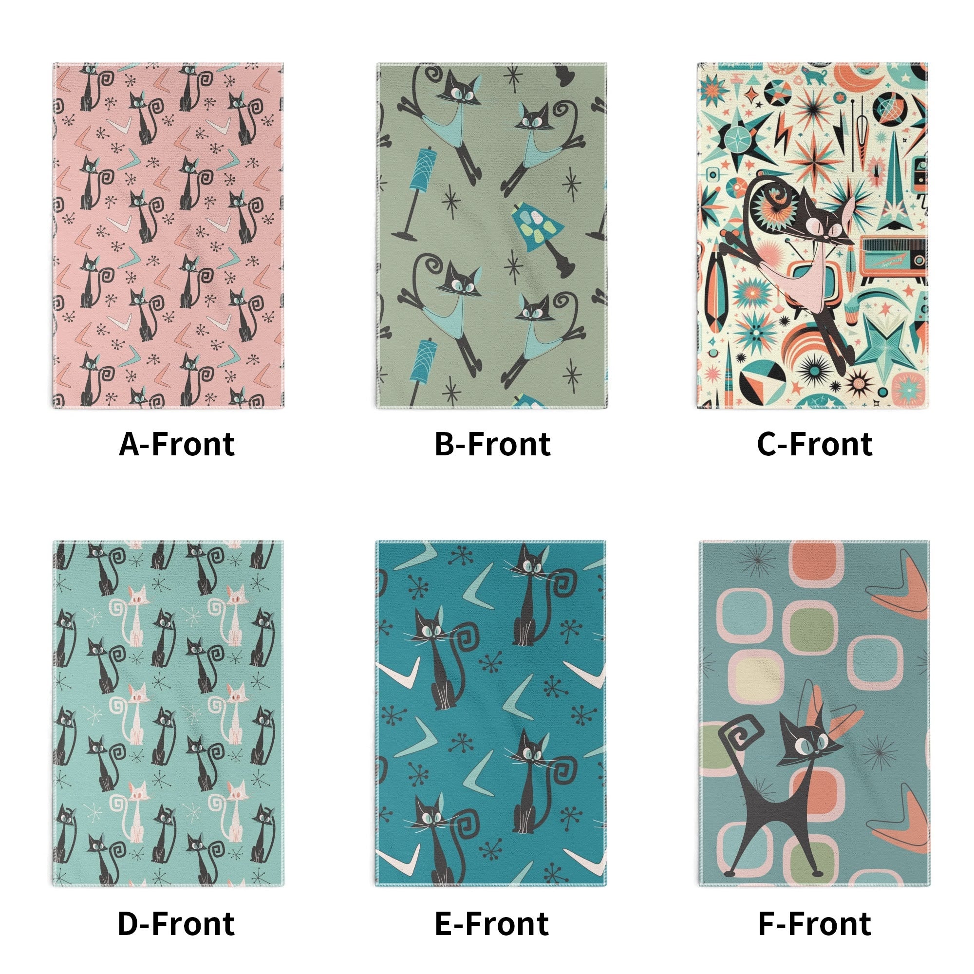 Atomic Cat Mid Century Modern Kitchen, Bath Towels Set of 6 - Mid Century Modern Gal