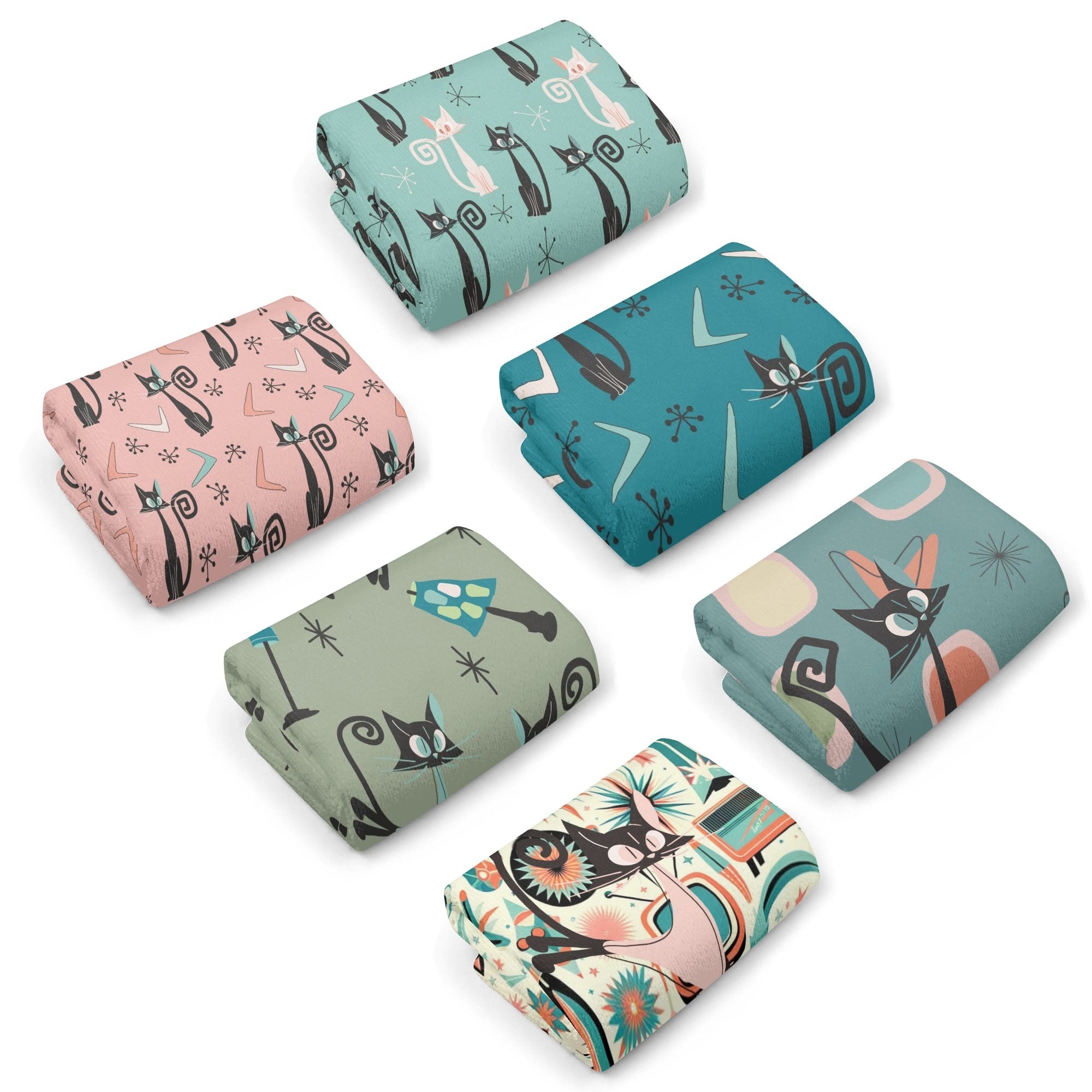 Atomic Cat Mid Century Modern Kitchen, Bath Towels Set of 6 - Mid Century Modern Gal