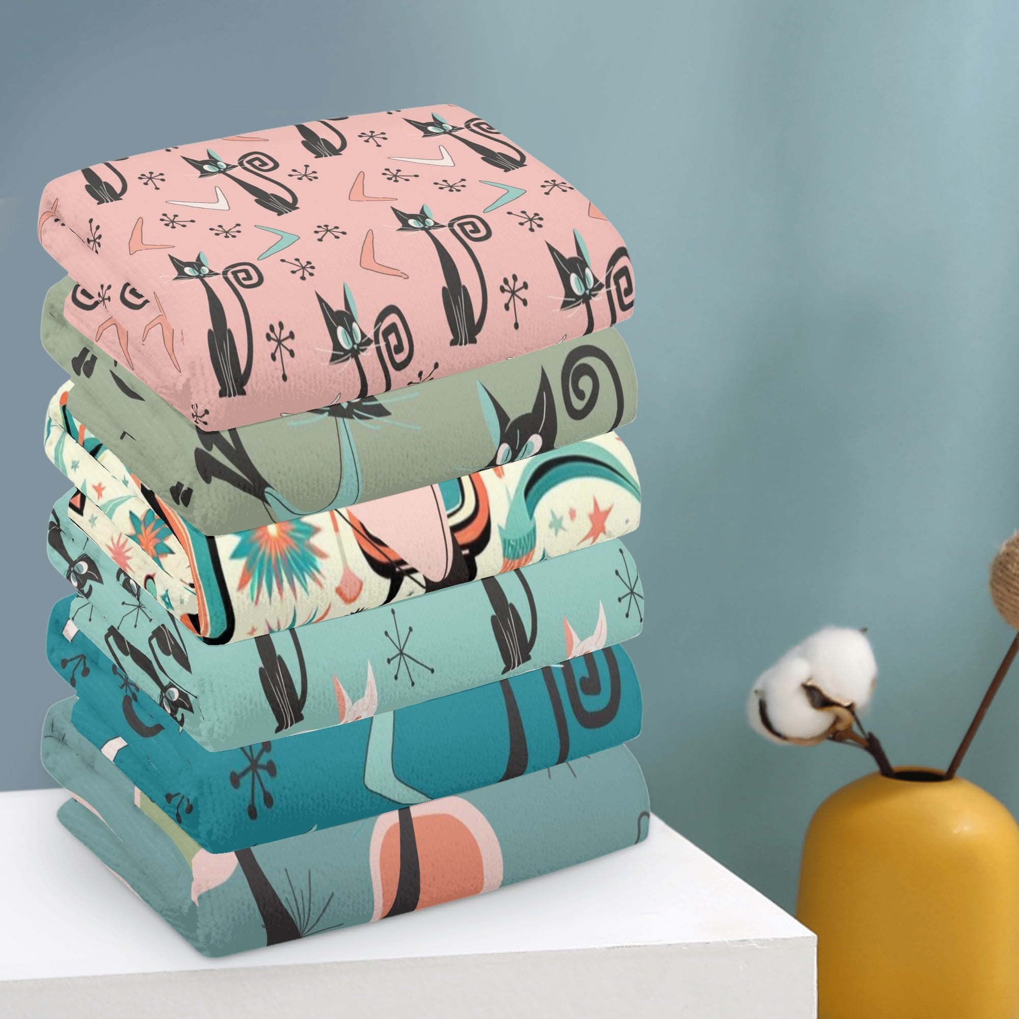Atomic Cat Mid Century Modern Kitchen, Bath Towels Set of 6 - Mid Century Modern Gal