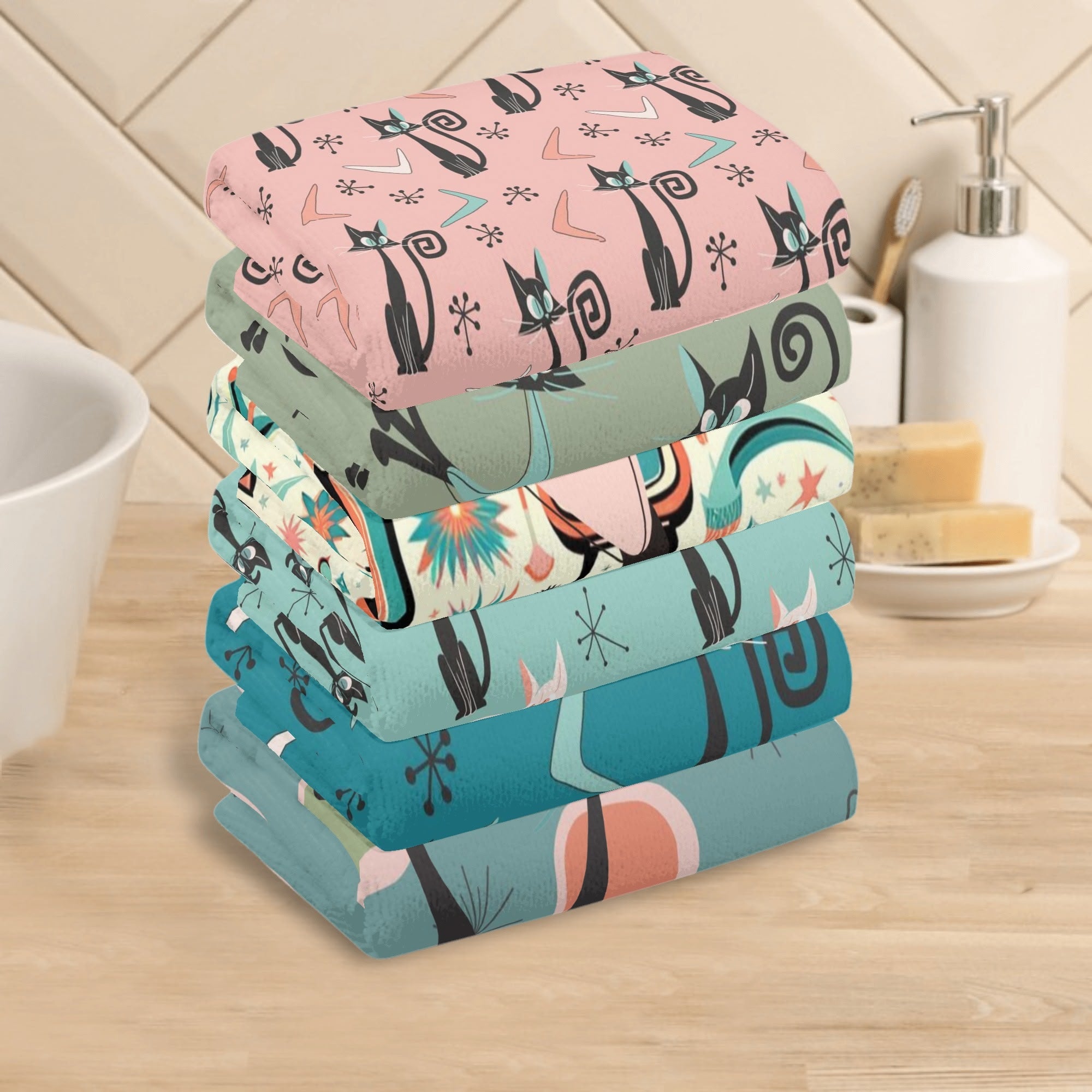 Atomic Cat Mid Century Modern Kitchen, Bath Towels Set of 6 - Mid Century Modern Gal