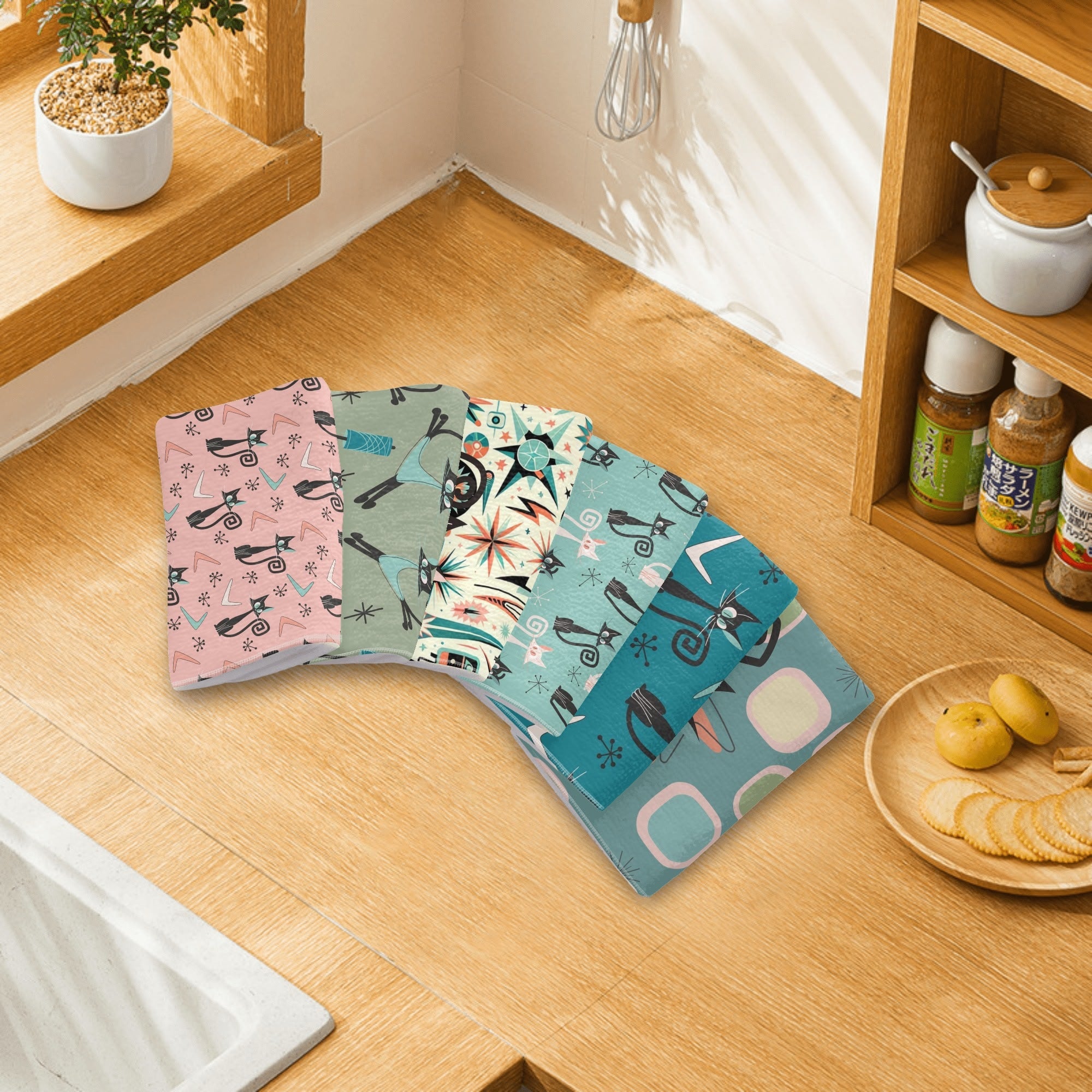 Atomic Cat Mid Century Modern Kitchen, Bath Towels Set of 6 - Mid Century Modern Gal