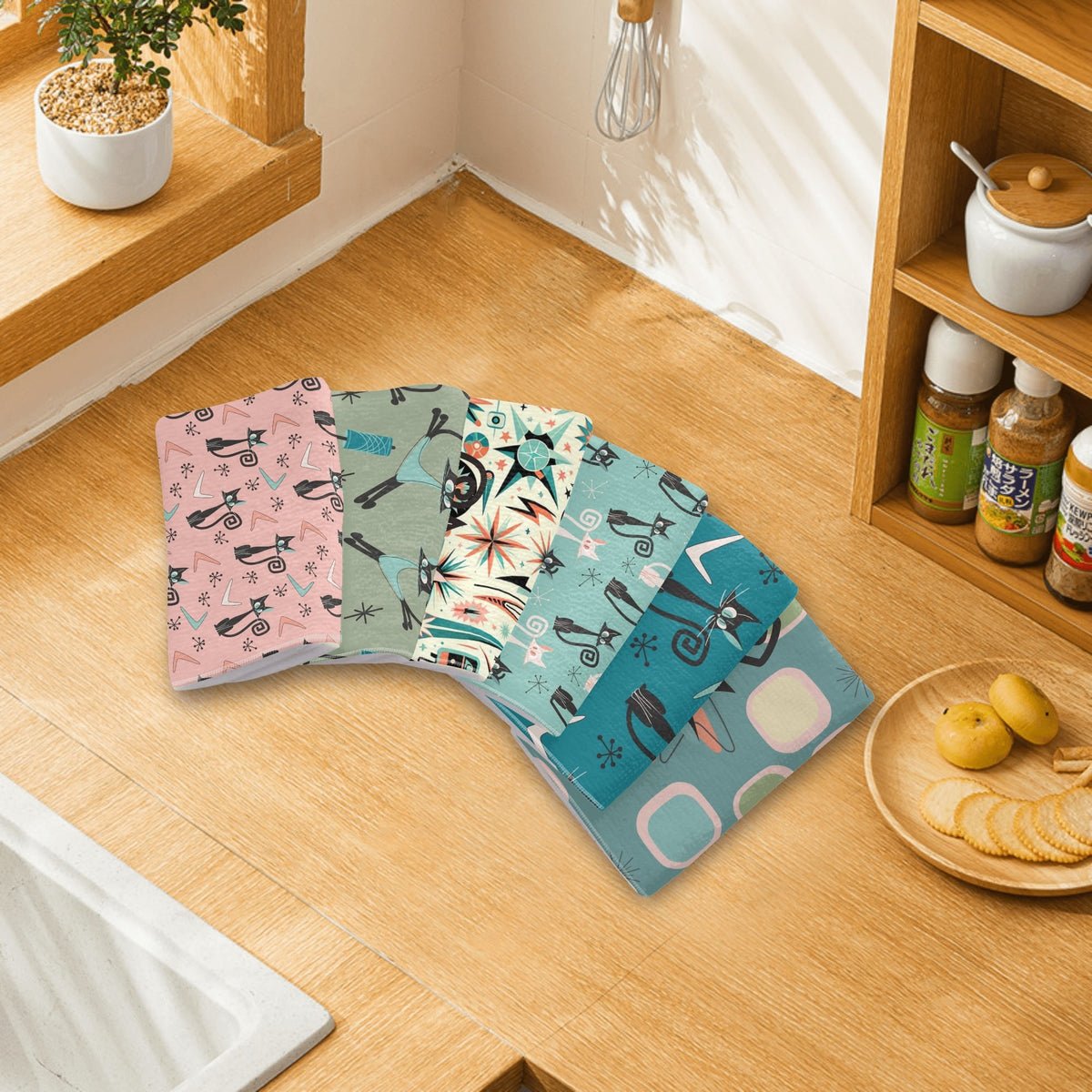 Atomic Cat Mid Century Modern Kitchen, Bath Towels Set of 6 - Mid Century Modern Gal