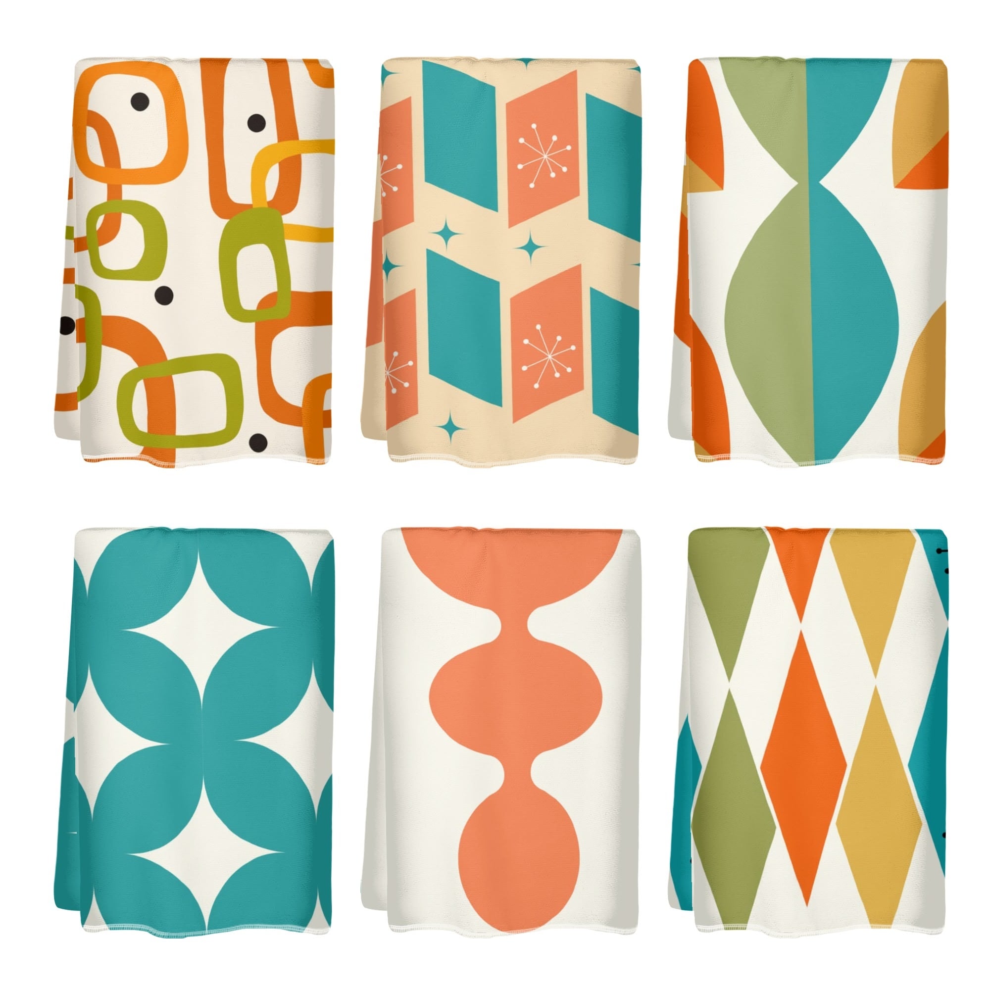 Mid Century Modern Kitchen, Bath Hand Towels Orange Teal Mustard Yellow - Mid Century Modern Gal