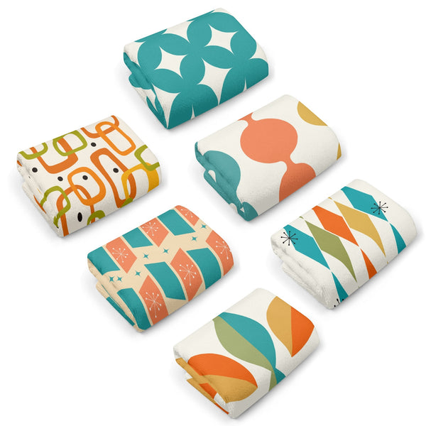 Mid Century Modern Kitchen, Bath Hand Towels Orange Teal Mustard Yellow