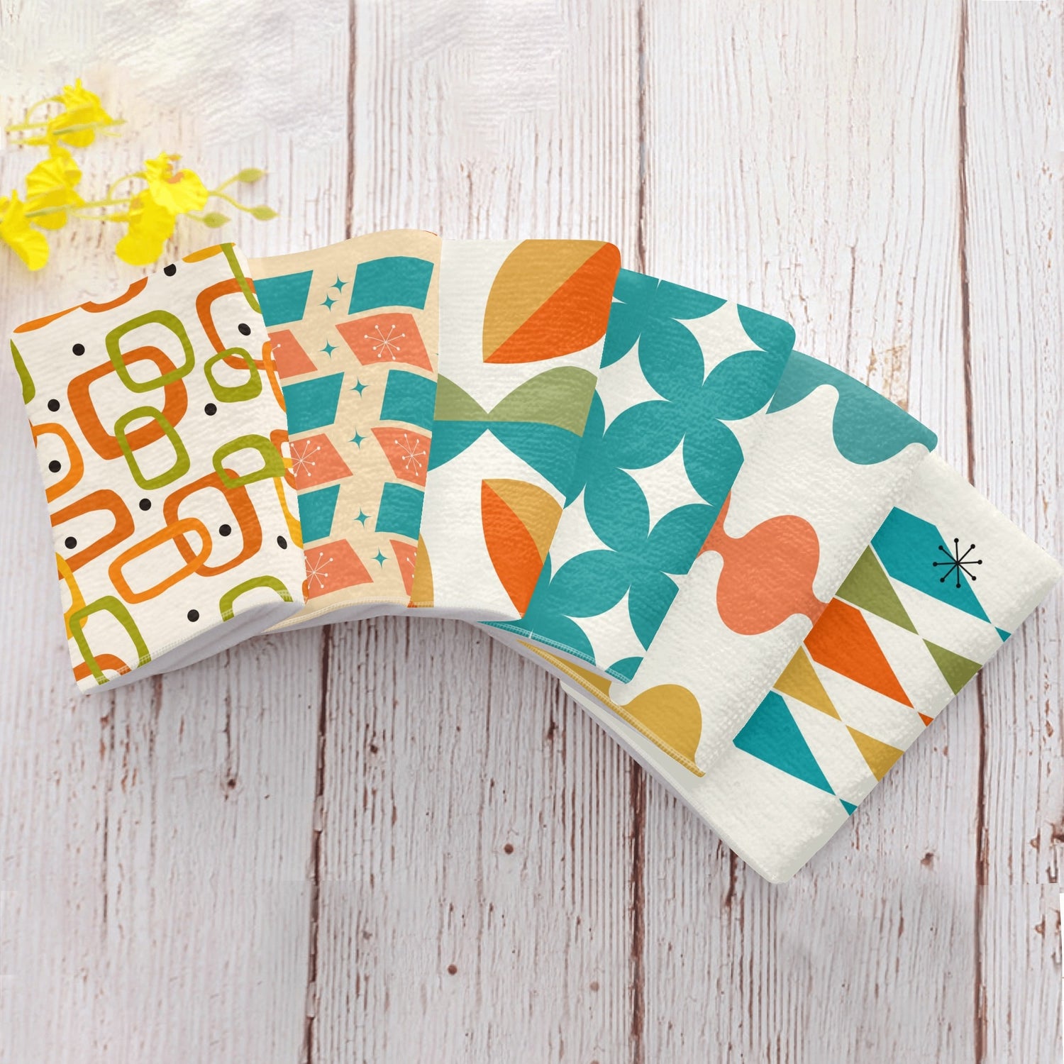 Mid Century Modern Kitchen, Bath Hand Towels Orange Teal Mustard Yellow - Mid Century Modern Gal