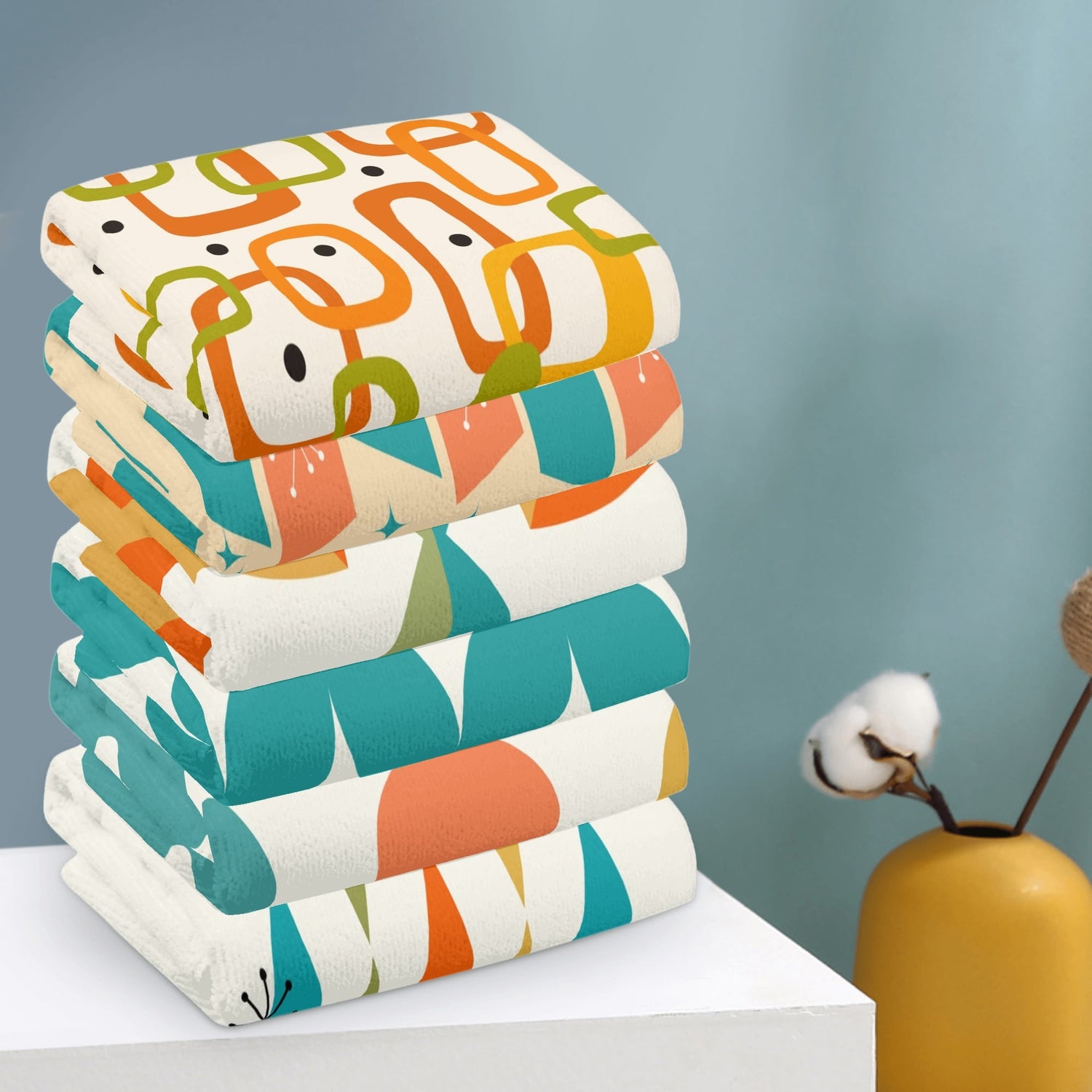 Mid Century Modern Kitchen, Bath Hand Towels Orange Teal Mustard Yellow - Mid Century Modern Gal
