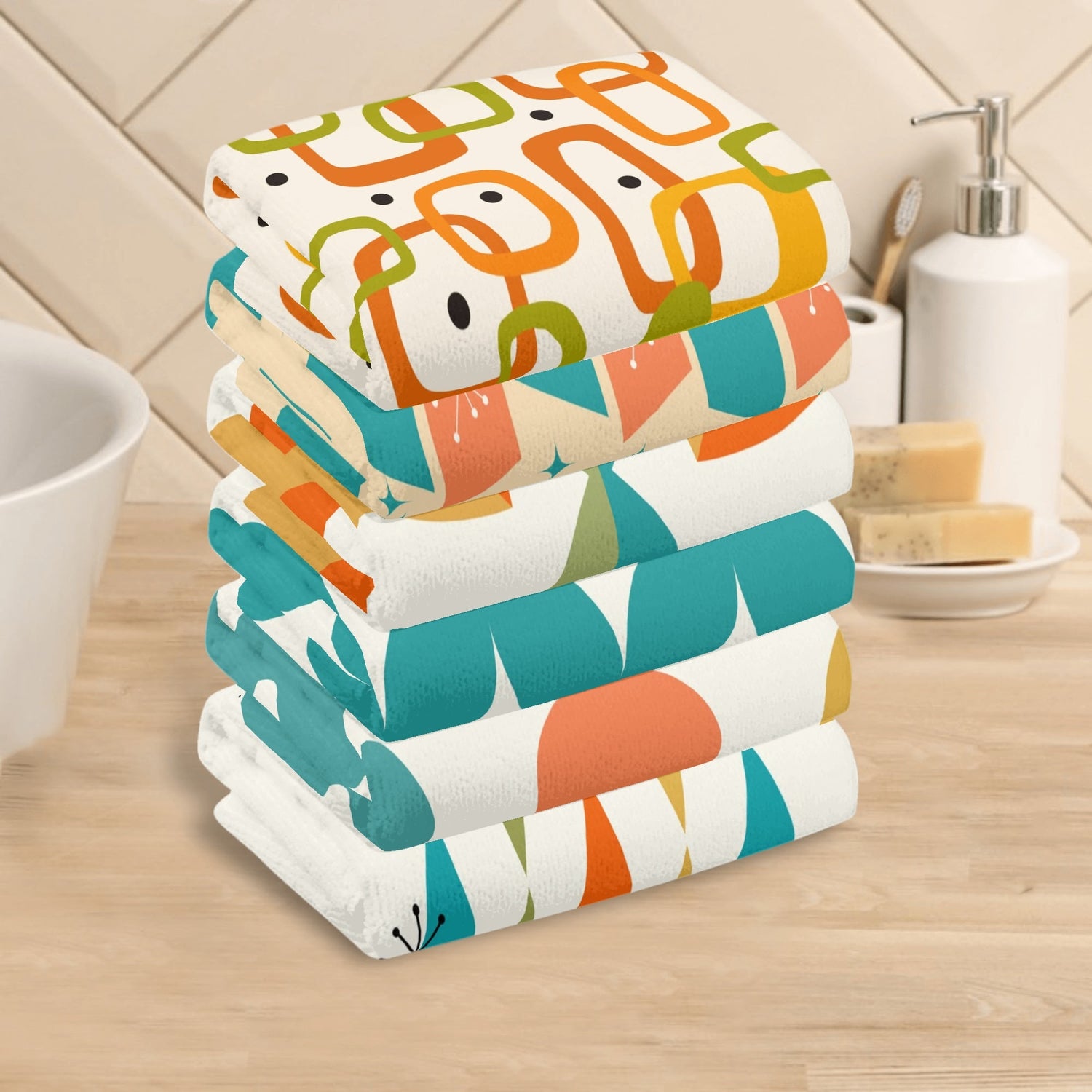 Mid Century Modern Kitchen, Bath Hand Towels Orange Teal Mustard Yellow - Mid Century Modern Gal
