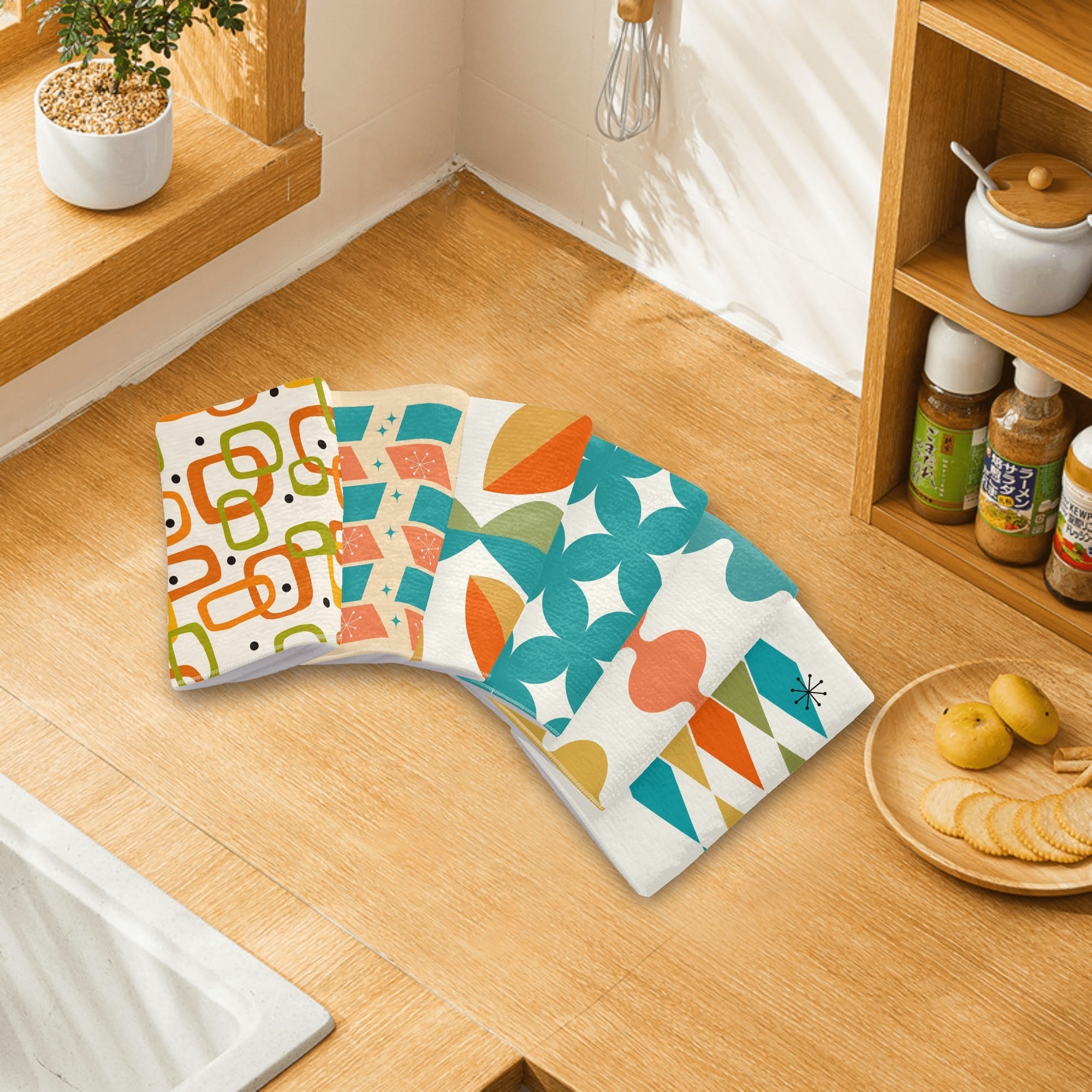 Mid Century Modern Kitchen, Bath Hand Towels Orange Teal Mustard Yellow - Mid Century Modern Gal