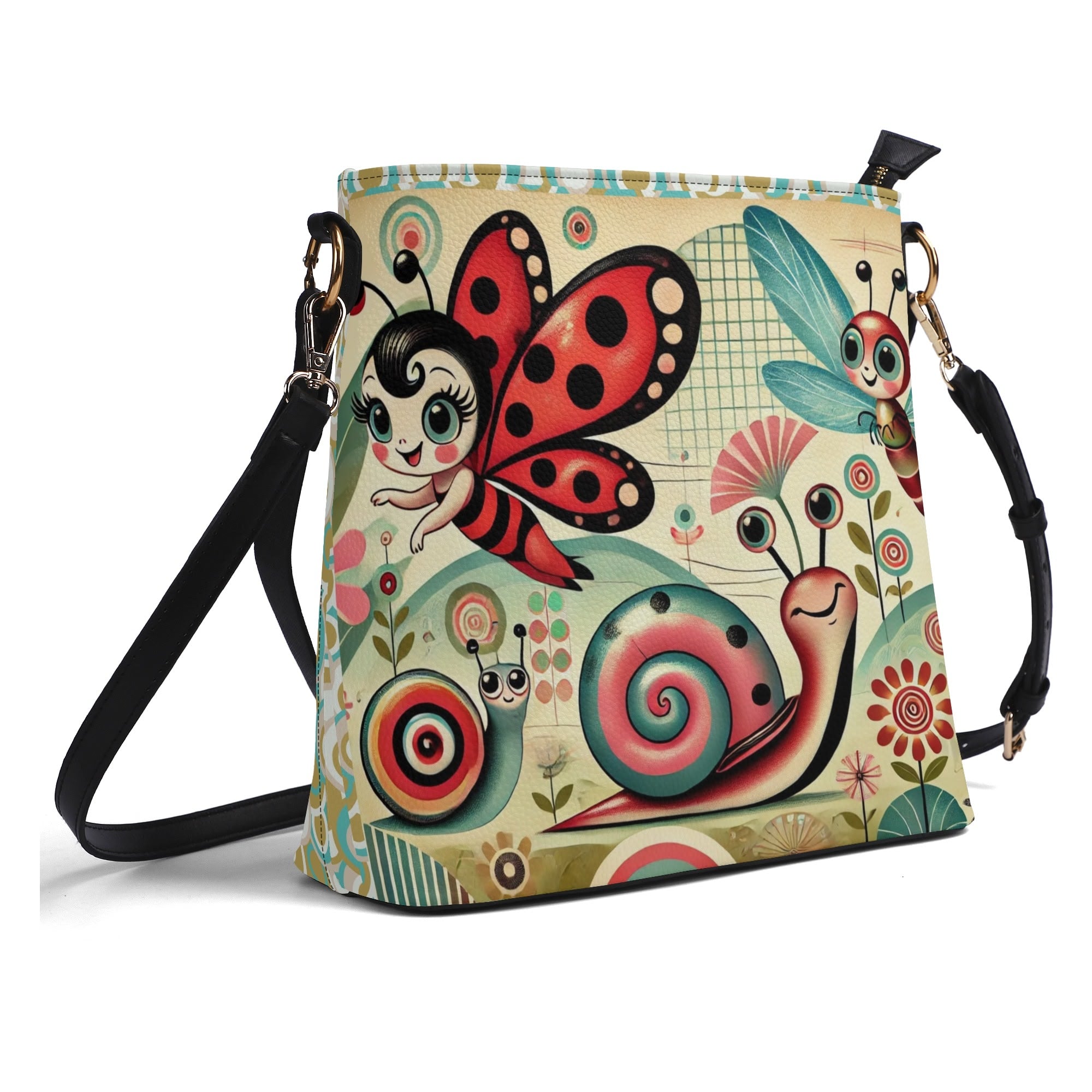 Anthropomorphic Catepillar Garden Pixies, Retro Mod 60s Bucket Bag - Mid Century Modern Gal